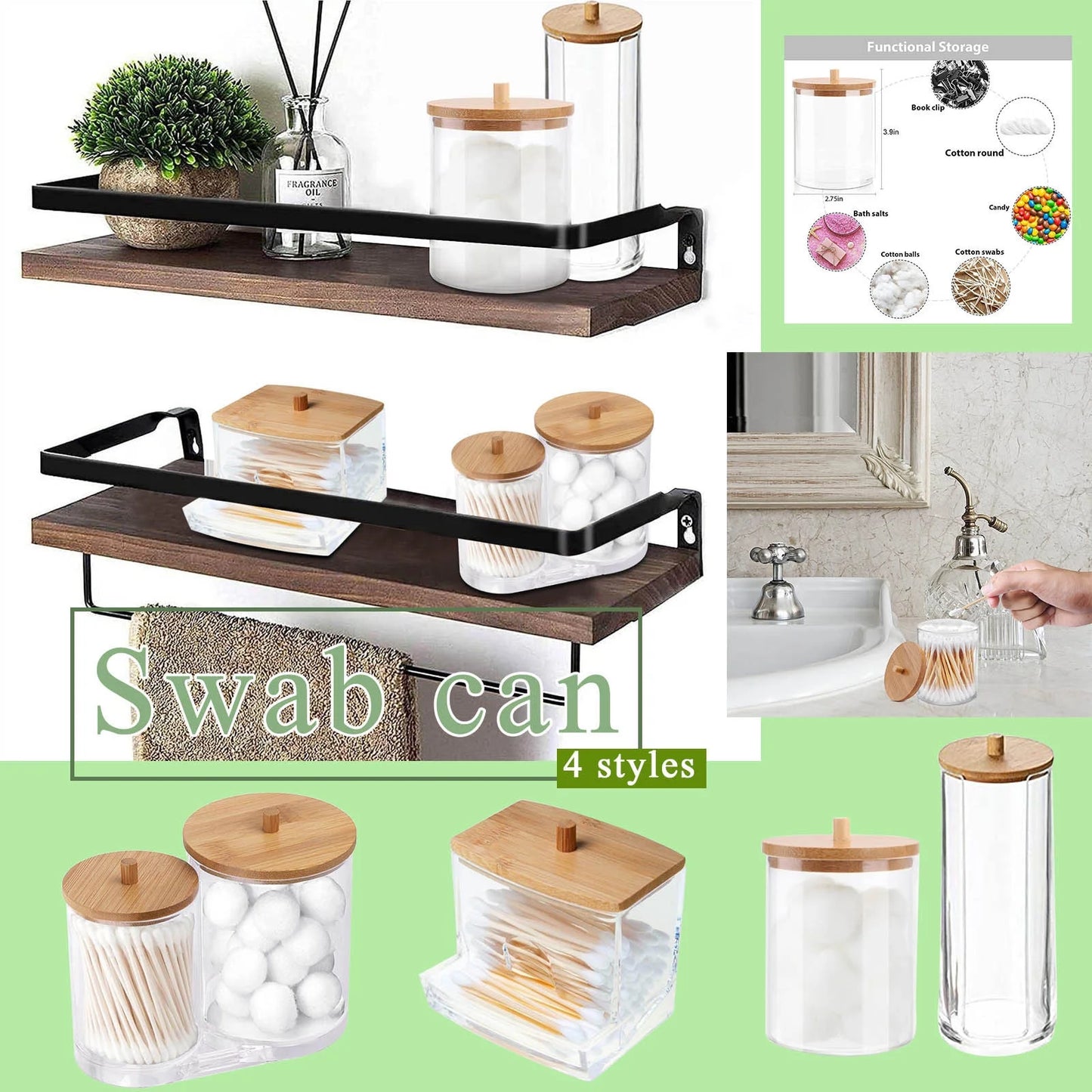 Bathroom Accessories Set – Cotton Bath Towels, Transparent Acrylic Container for Cotton Ball Swabs and Pads (9" x 8" x 9.5")