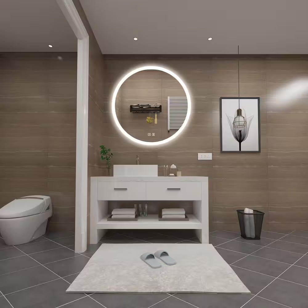 28 In. W X 28 In. H round Frameless LED Light with 3 Color and Anti-Fog Wall Mounted Bathroom Vanity Mirror