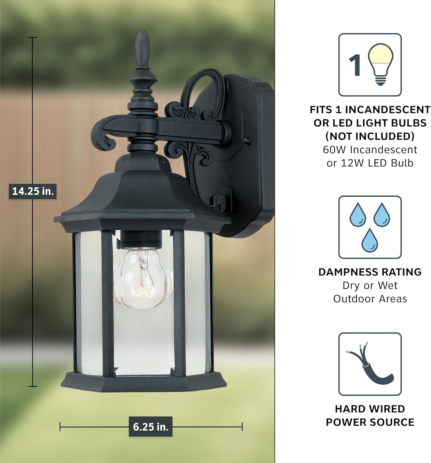 Devonshire 14" Black Outdoor Wall Mount Lantern Sconce – Clear Glass Porch Light for Patio/Deck