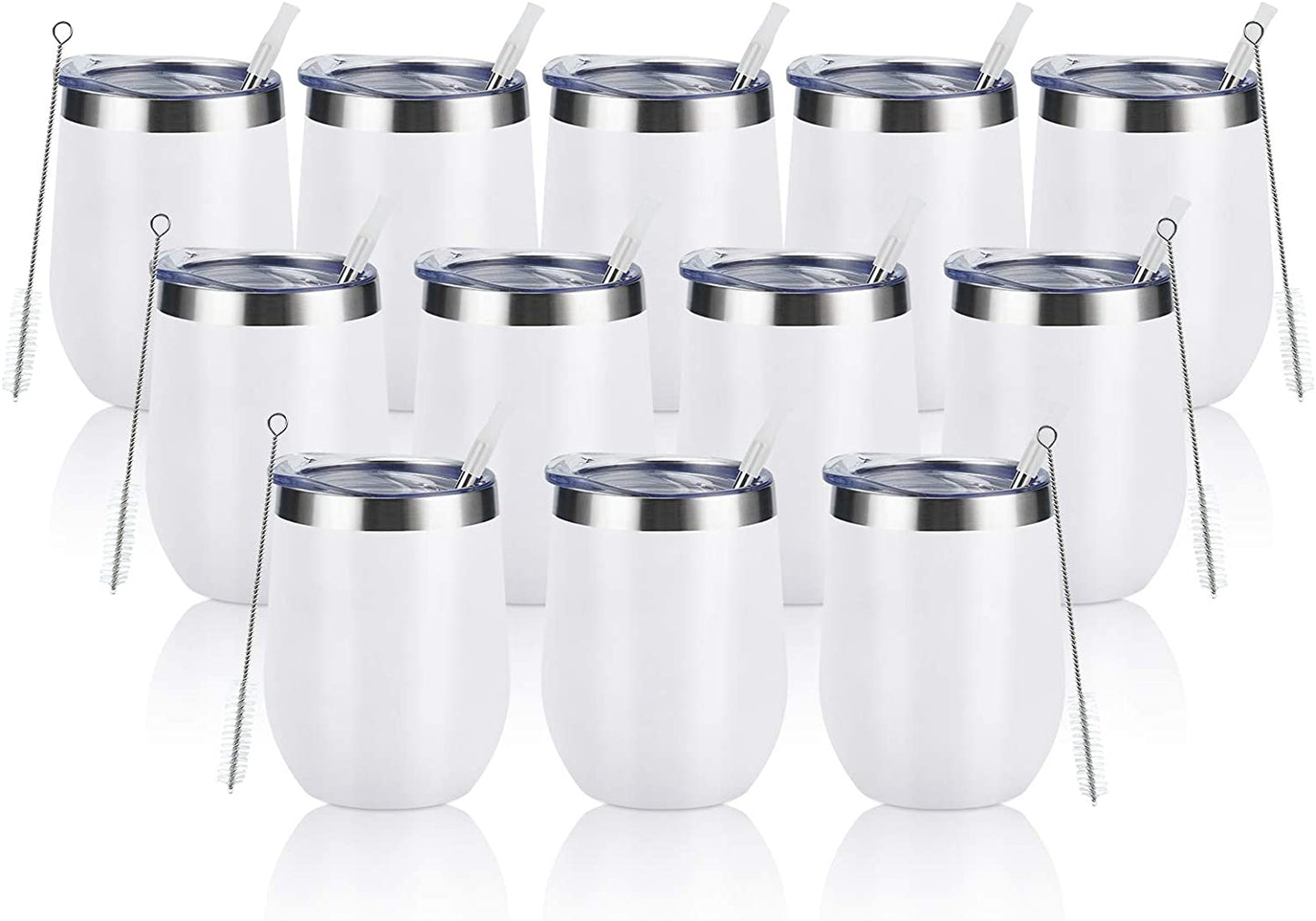 12 Pack Stainless Steel Wine Tumblers, 12Oz Double Wall Vacuum Insulated Wine Tumblers with Lids and Straws, Stainless Steel Stemless Wine Glasses for Coffee, Wine, Cocktails, Champaign, White…