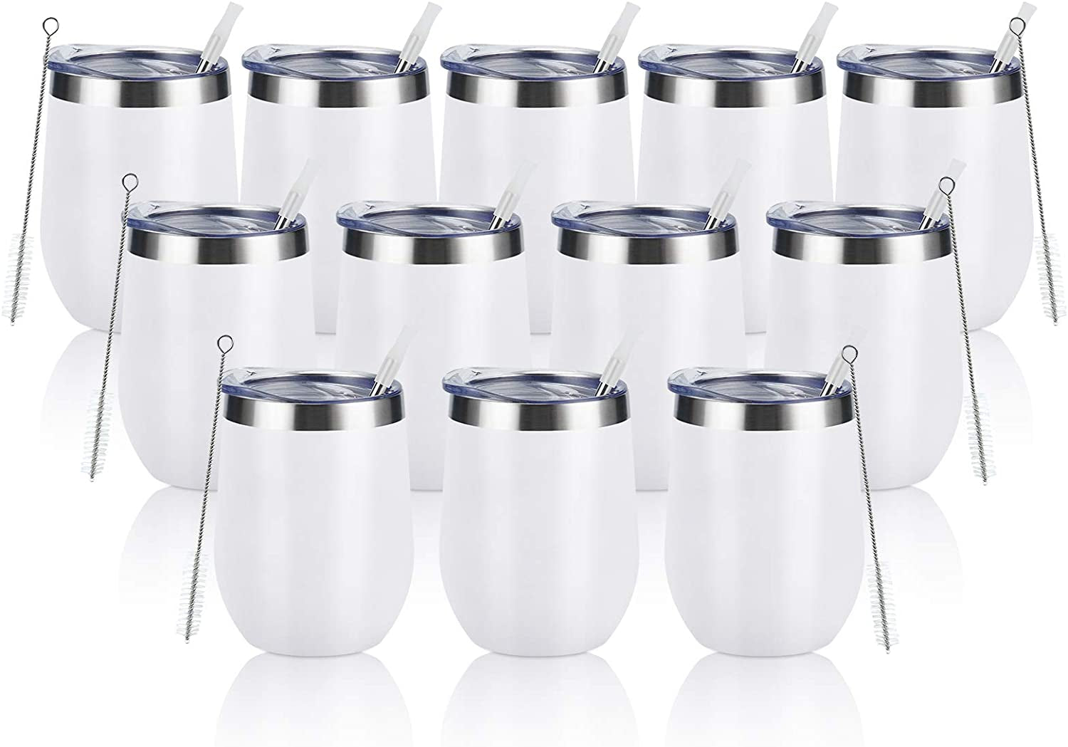 12 Pack Stainless Steel Wine Tumblers, 12Oz Double Wall Vacuum Insulated Wine Tumblers with Lids and Straws, Stainless Steel Stemless Wine Glasses for Coffee, Wine, Cocktails, Champaign, White…