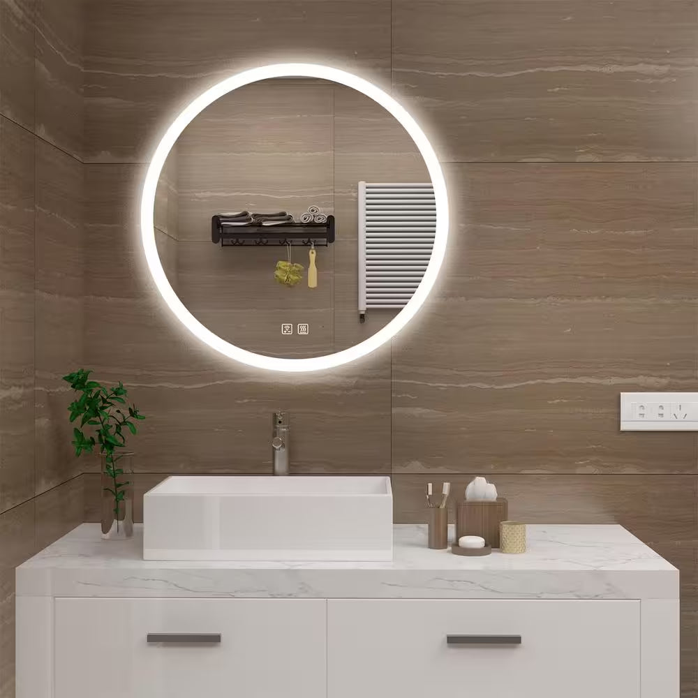 28 In. W X 28 In. H round Frameless LED Light with 3 Color and Anti-Fog Wall Mounted Bathroom Vanity Mirror