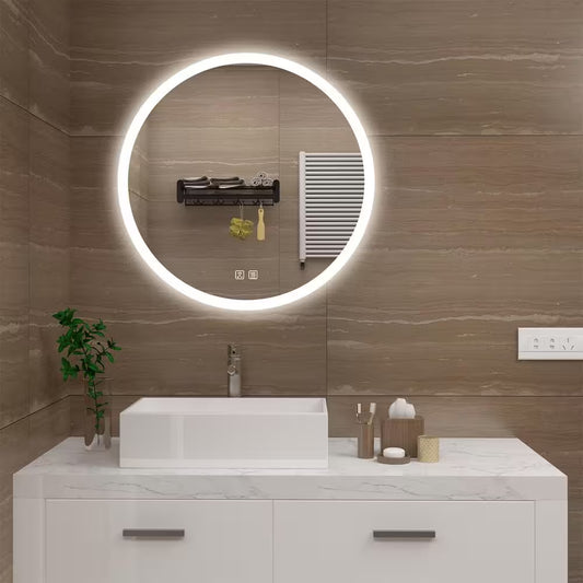 28 In. W X 28 In. H round Frameless LED Light with 3 Color and Anti-Fog Wall Mounted Bathroom Vanity Mirror