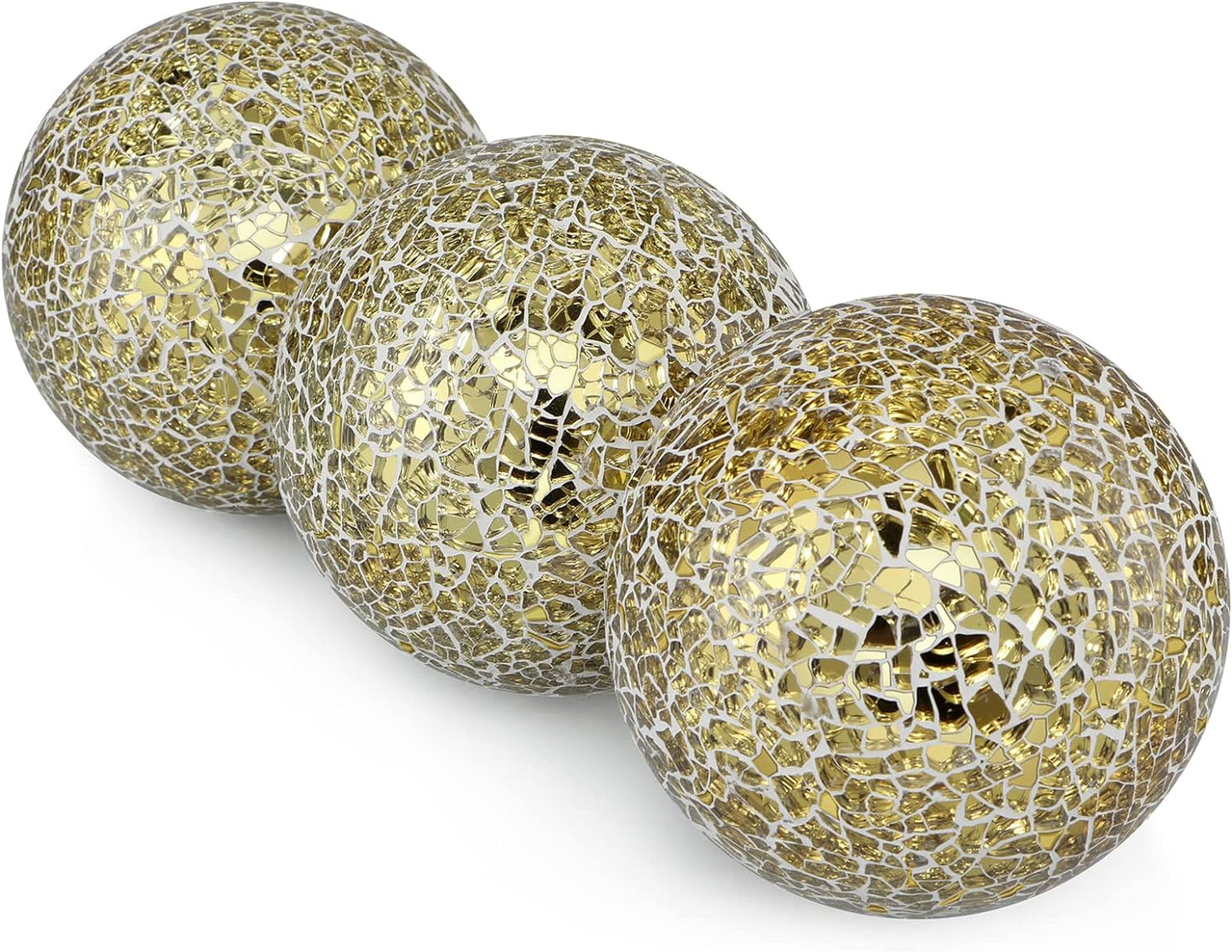 Set of 3 Decorative 4” Mosaic Sphere Balls – Gold Orbs for Bowls, Vases & Dining Table Centerpieces
