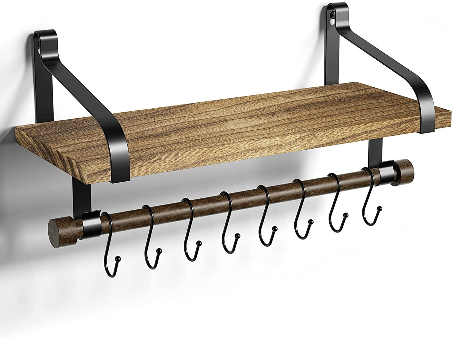 Rustic Floating Wall Shelf with Towel Bar & 8 Removable Hooks – Wood Spice Rack for Kitchen Storage, Utensils, or Mugs (Carbonized Black)