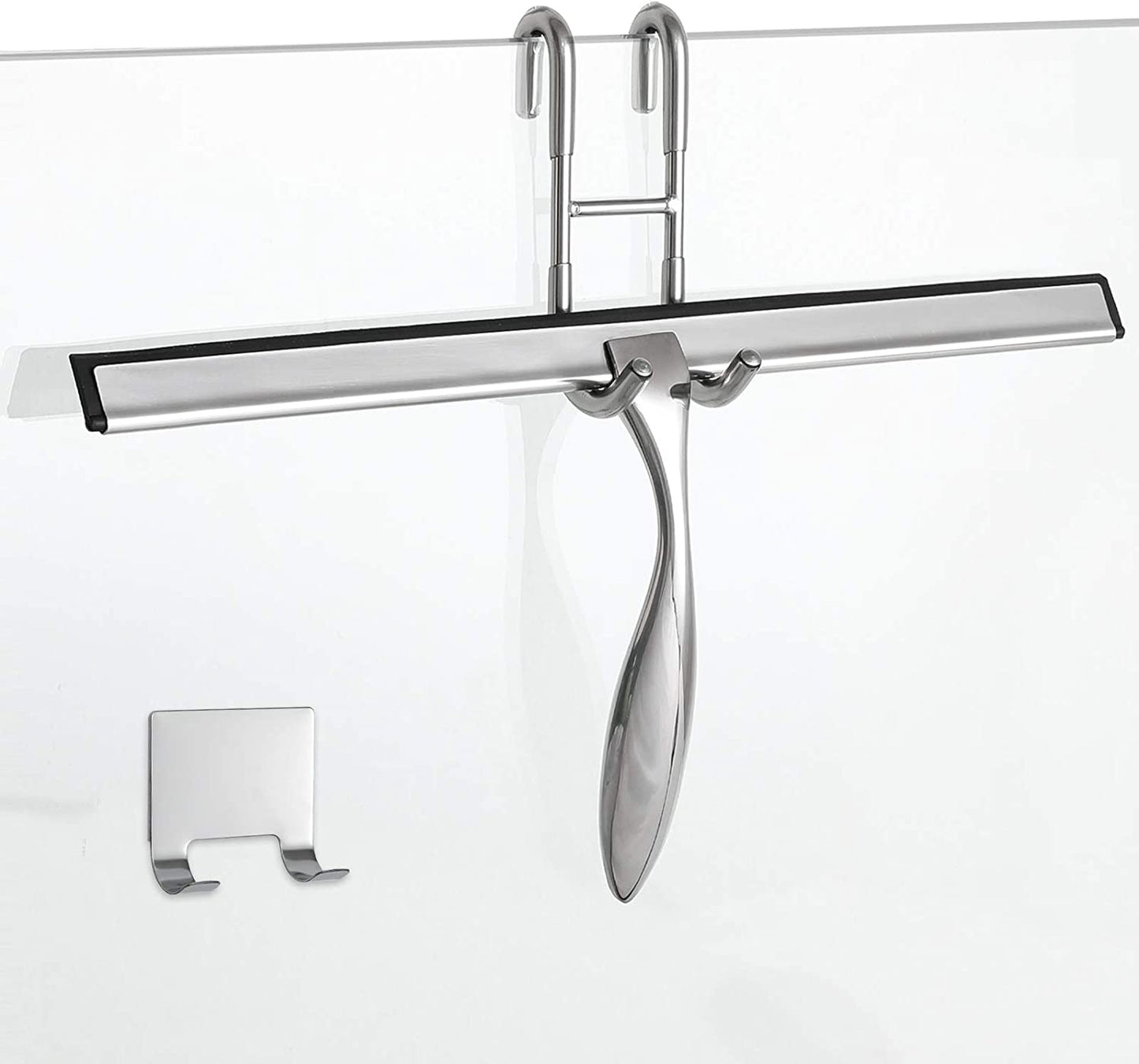 14-Inch Shower Squeegee Set – Includes Door Hook & Adhesive Hook for Shower Doors, Mirrors & Windows (Silver)