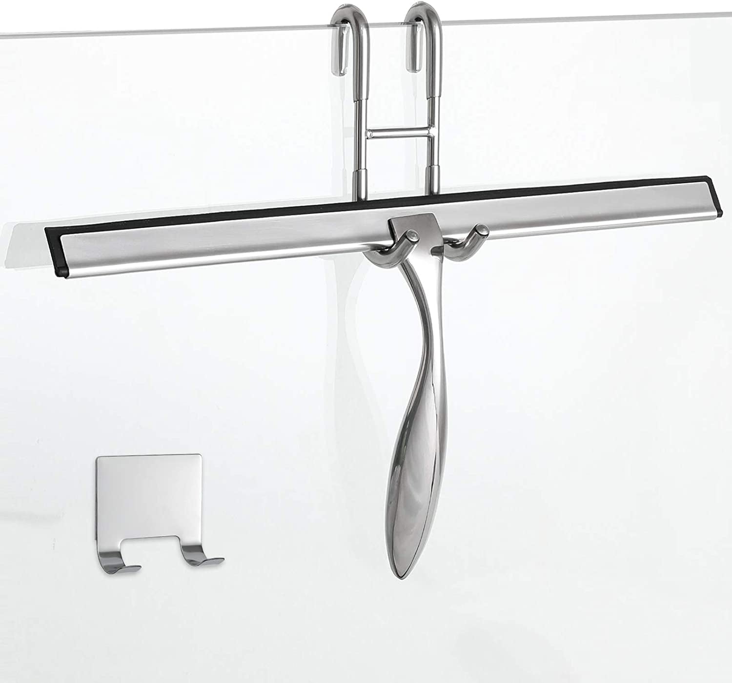 14-Inch Shower Squeegee Set – Includes Door Hook & Adhesive Hook for Shower Doors, Mirrors & Windows (Silver)