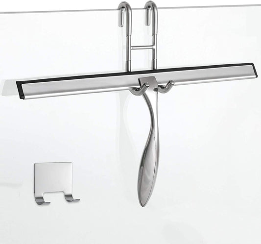 14-Inch Shower Squeegee Set – Includes Door Hook & Adhesive Hook for Shower Doors, Mirrors & Windows (Silver)