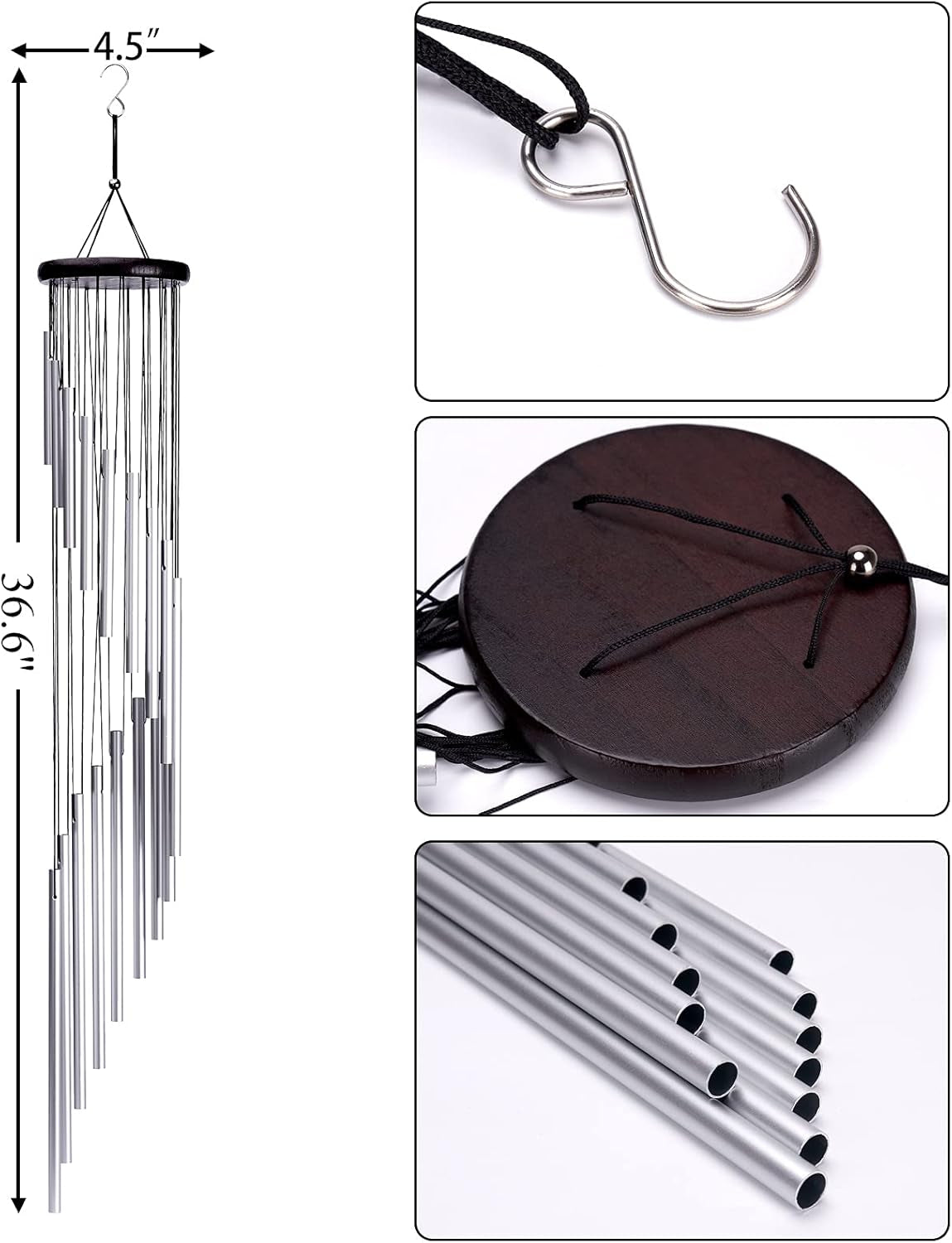 Large 36" Silver Aluminum Alloy Wind Chimes – 18 Tubes with Hooks for Patio Decor