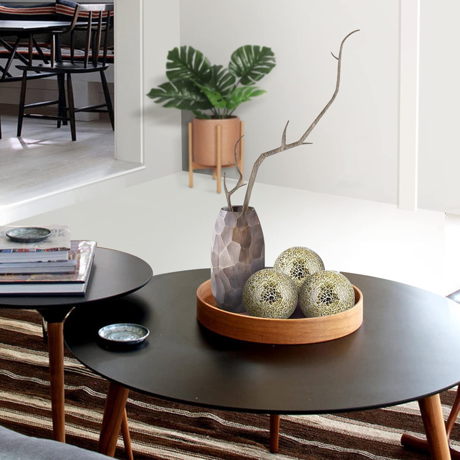 Set of 3 Decorative 4” Mosaic Sphere Balls – Gold Orbs for Bowls, Vases & Dining Table Centerpieces