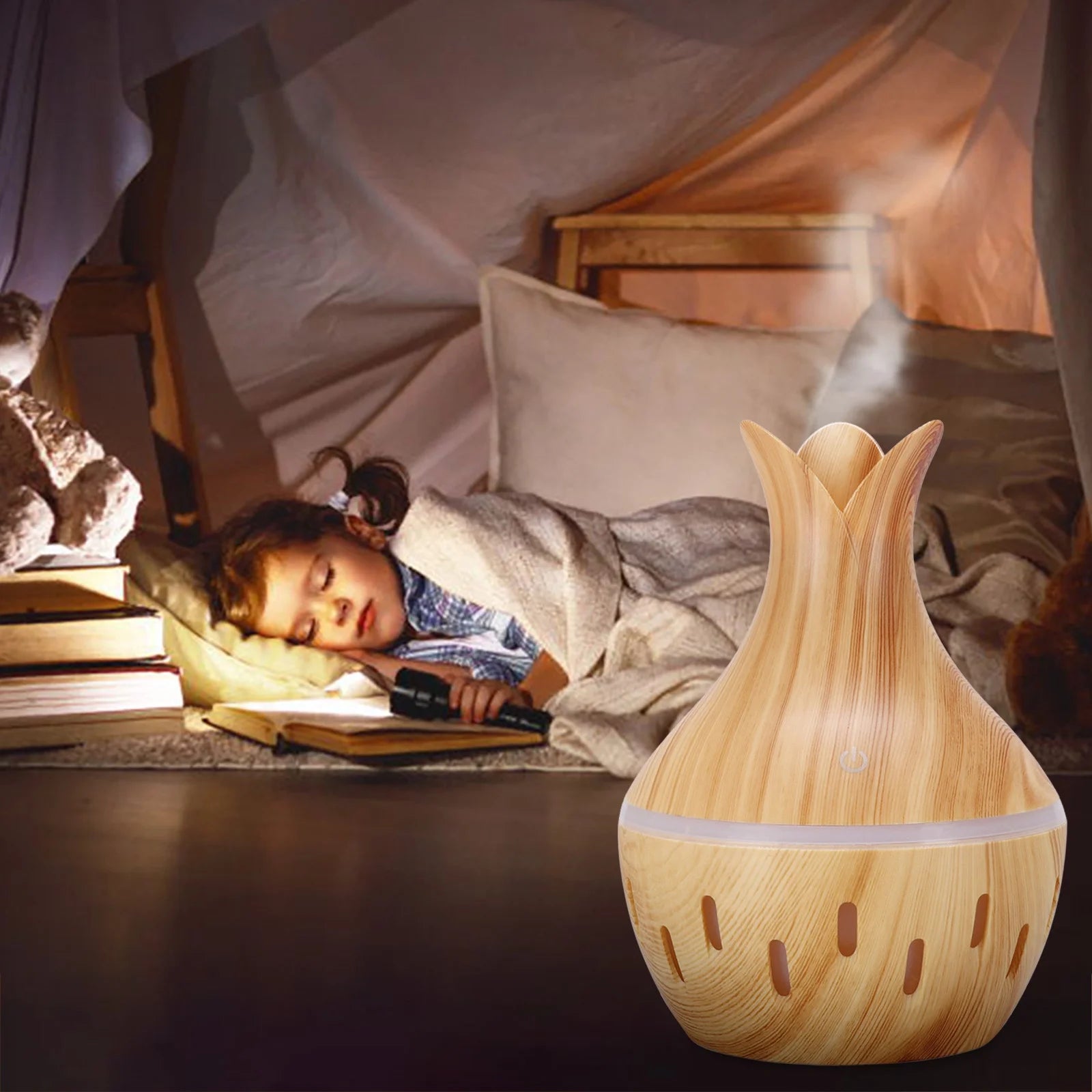 130ml LED Essential Oil Diffuser & Humidifier – Wood Grain Vase Design for Bedroom Aromatherapy, Yellow