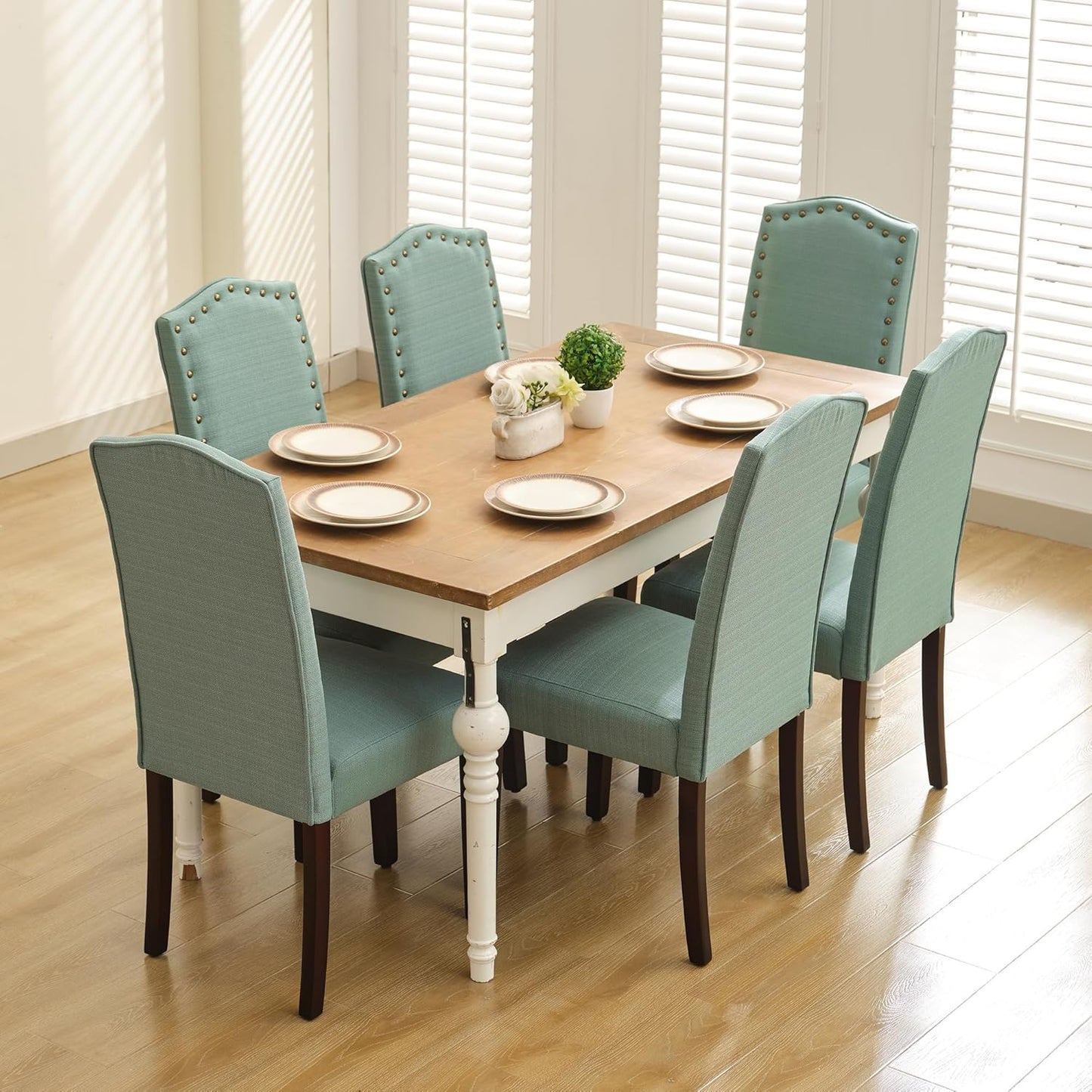 Set of 2 Upholstered Parsons Dining Chairs – Green Fabric Kitchen Chairs with Solid Wood Frame and Nailhead Trim