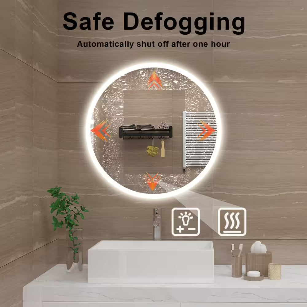 28 In. W X 28 In. H round Frameless LED Light with 3 Color and Anti-Fog Wall Mounted Bathroom Vanity Mirror