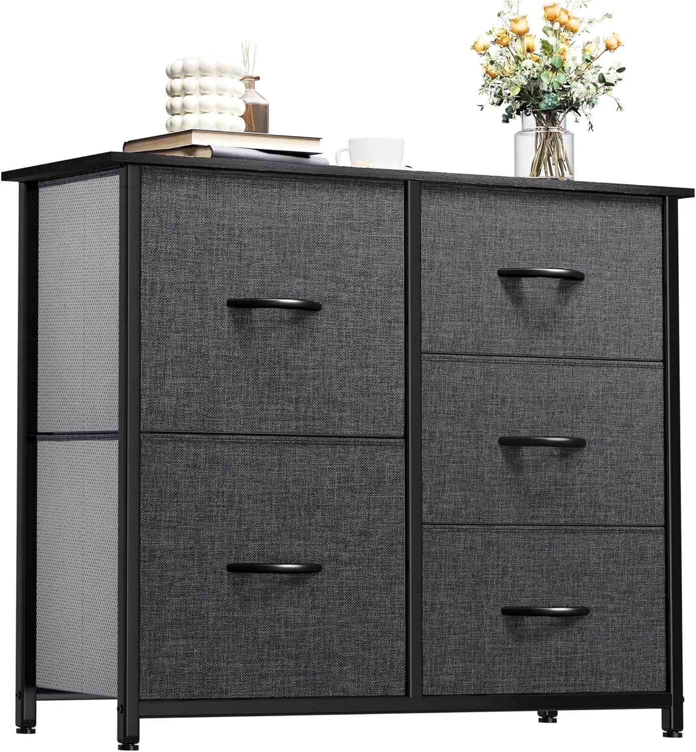5-Drawer Fabric Dresser with Storage Bins – Wide Clothes Cabinet for Bedroom and Living Room, Black Grey
