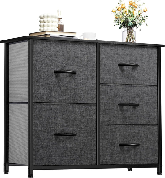 5-Drawer Fabric Dresser with Storage Bins – Wide Clothes Cabinet for Bedroom and Living Room, Black Grey