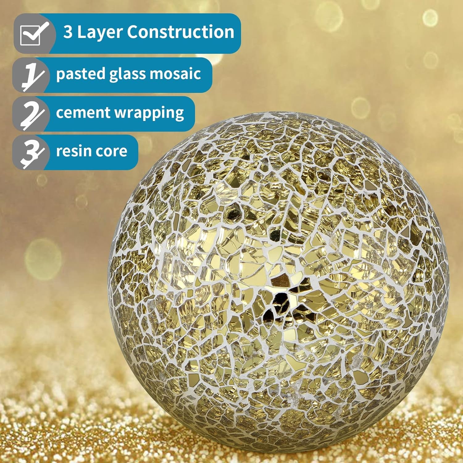 Set of 3 Decorative 4” Mosaic Sphere Balls – Gold Orbs for Bowls, Vases & Dining Table Centerpieces