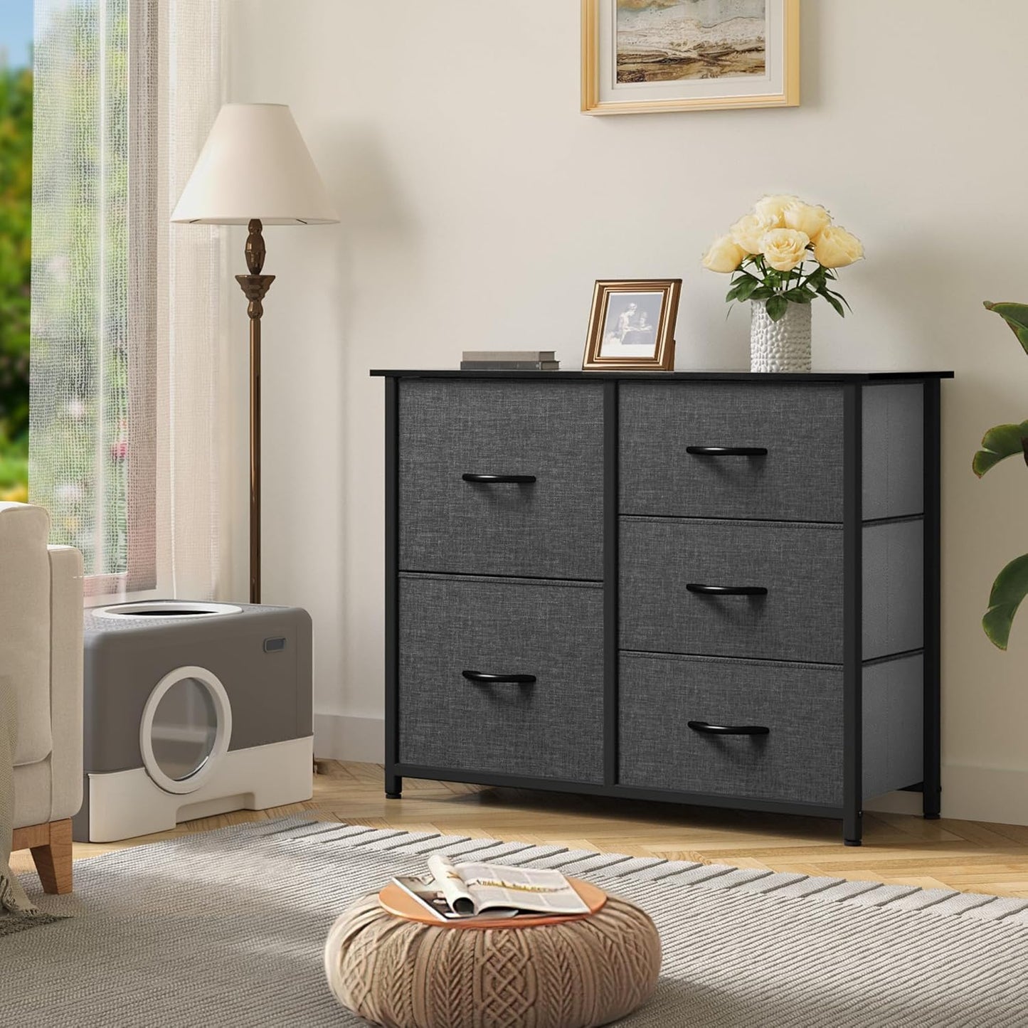 5-Drawer Fabric Dresser with Storage Bins – Wide Clothes Cabinet for Bedroom and Living Room, Black Grey
