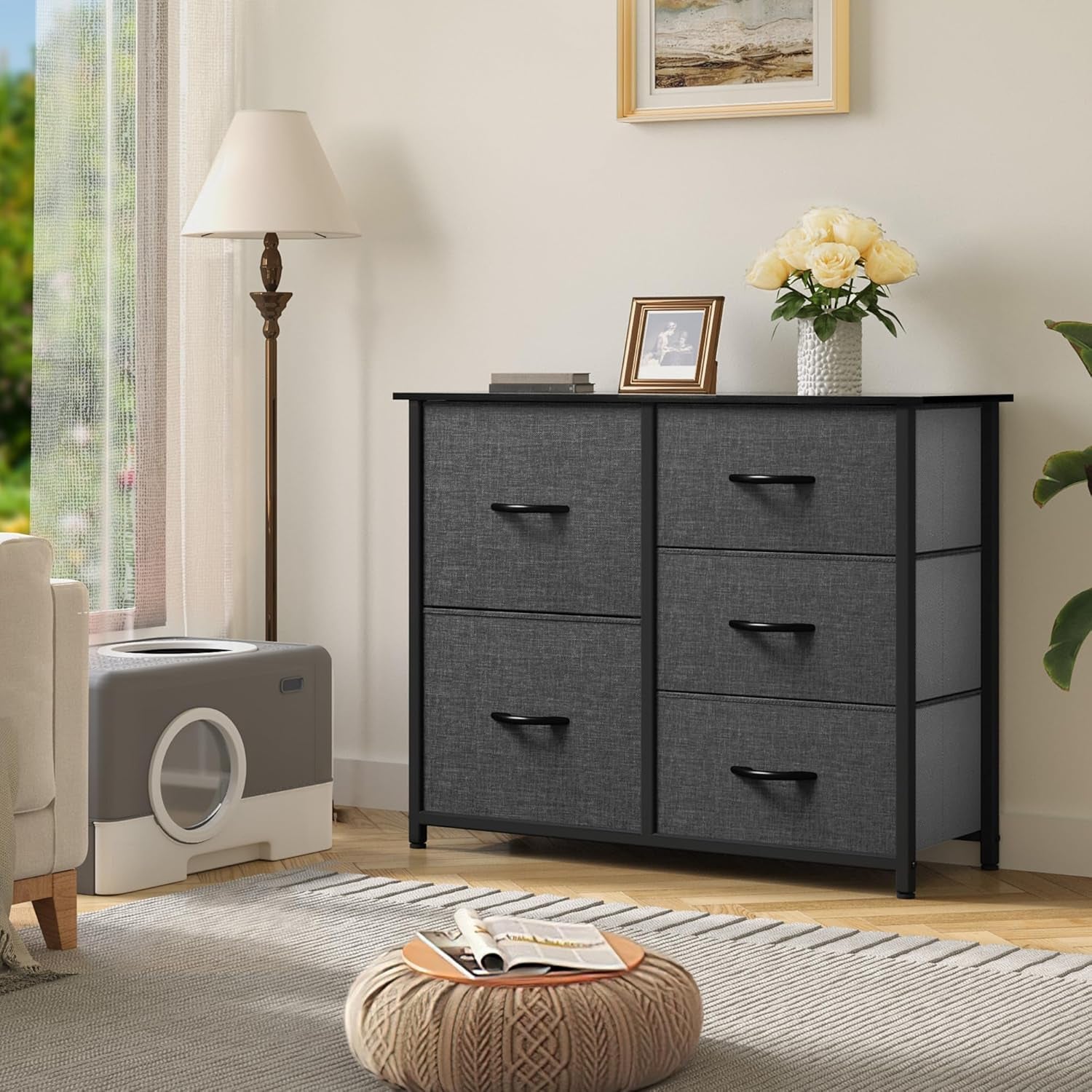 5-Drawer Fabric Dresser with Storage Bins – Wide Clothes Cabinet for Bedroom and Living Room, Black Grey