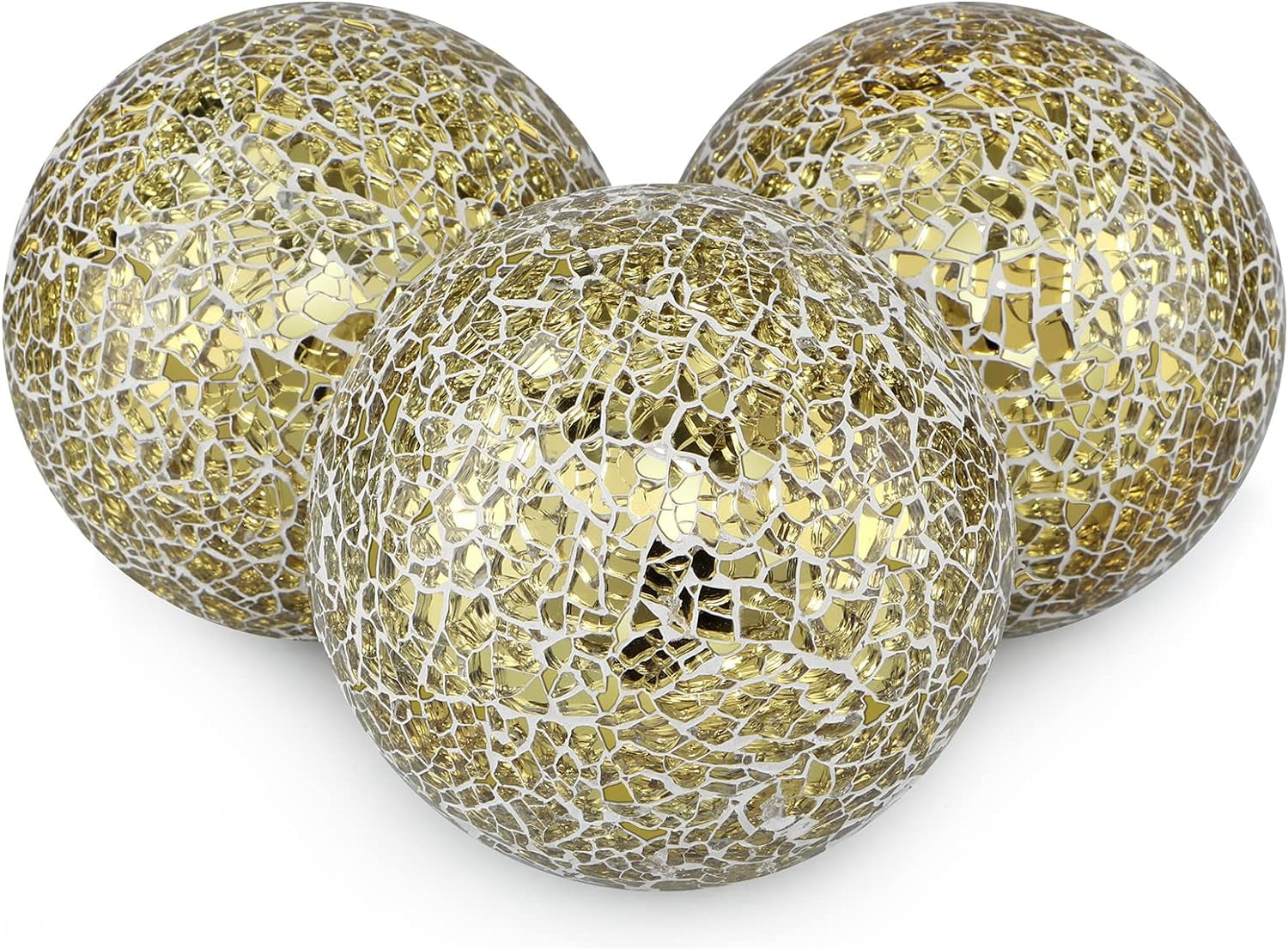 Set of 3 Decorative 4” Mosaic Sphere Balls – Gold Orbs for Bowls, Vases & Dining Table Centerpieces