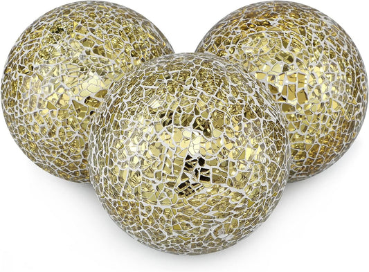 Set of 3 Decorative 4” Mosaic Sphere Balls – Gold Orbs for Bowls, Vases & Dining Table Centerpieces