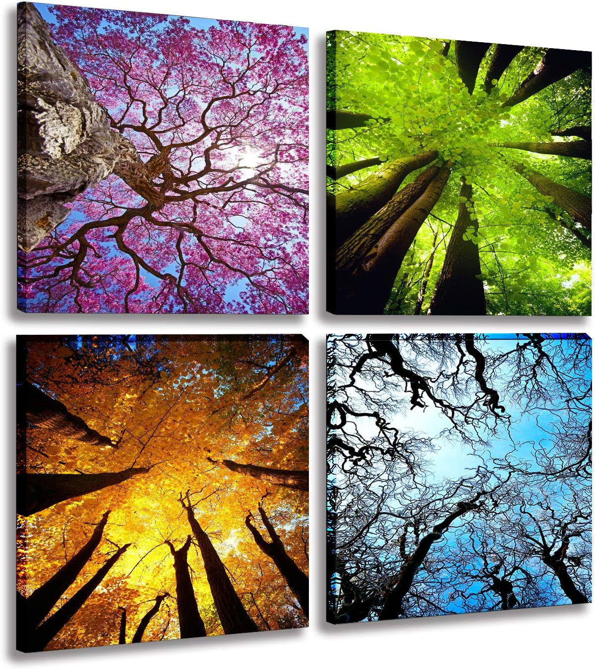 Four Seasons Landscape Tree Canvas Wall Art – 4-Panel Spring, Summer, Autumn, Winter Modern Giclée Prints, Stretched and Framed