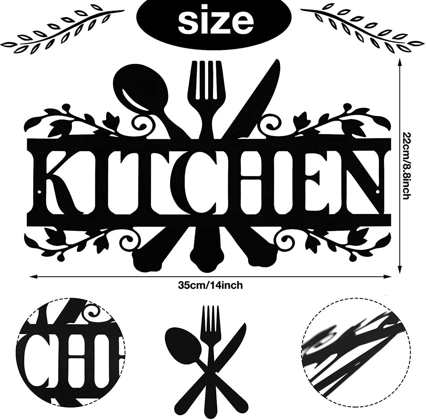 Black Metal Kitchen Wall Sign – 14" x 8.8" Farmhouse Rustic Wall Art for Kitchen and Dining Room Decor (Classic Style)