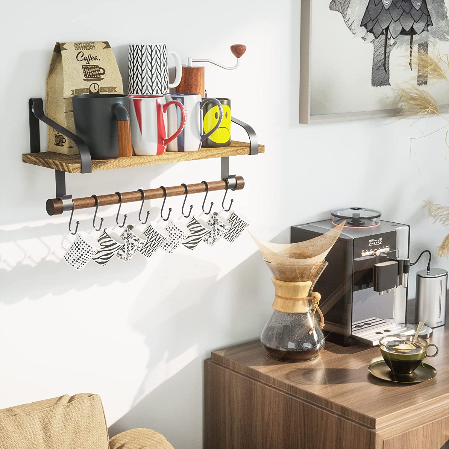 Rustic Floating Wall Shelf with Towel Bar & 8 Removable Hooks – Wood Spice Rack for Kitchen Storage, Utensils, or Mugs (Carbonized Black)