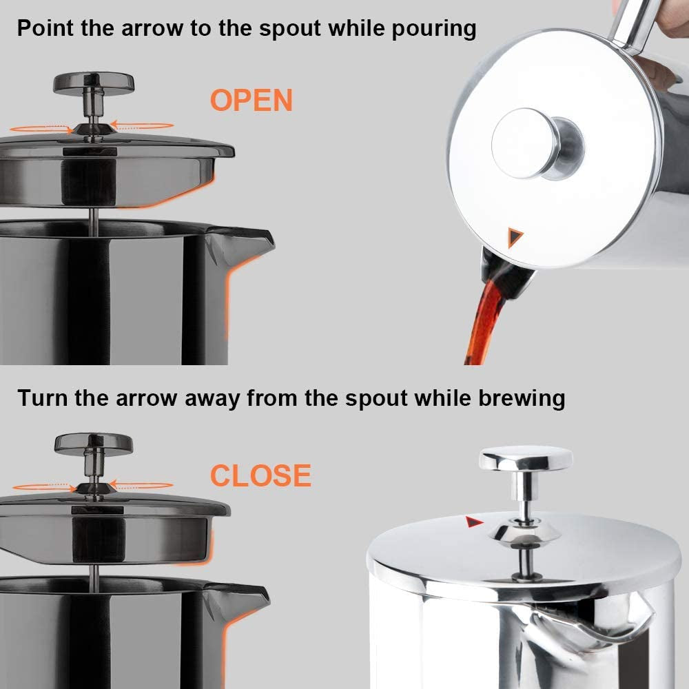 French Press Coffee Maker – 50oz (1.5L) Insulated Stainless Steel Press with 2 Extra Screens, 304 Grade, Silver