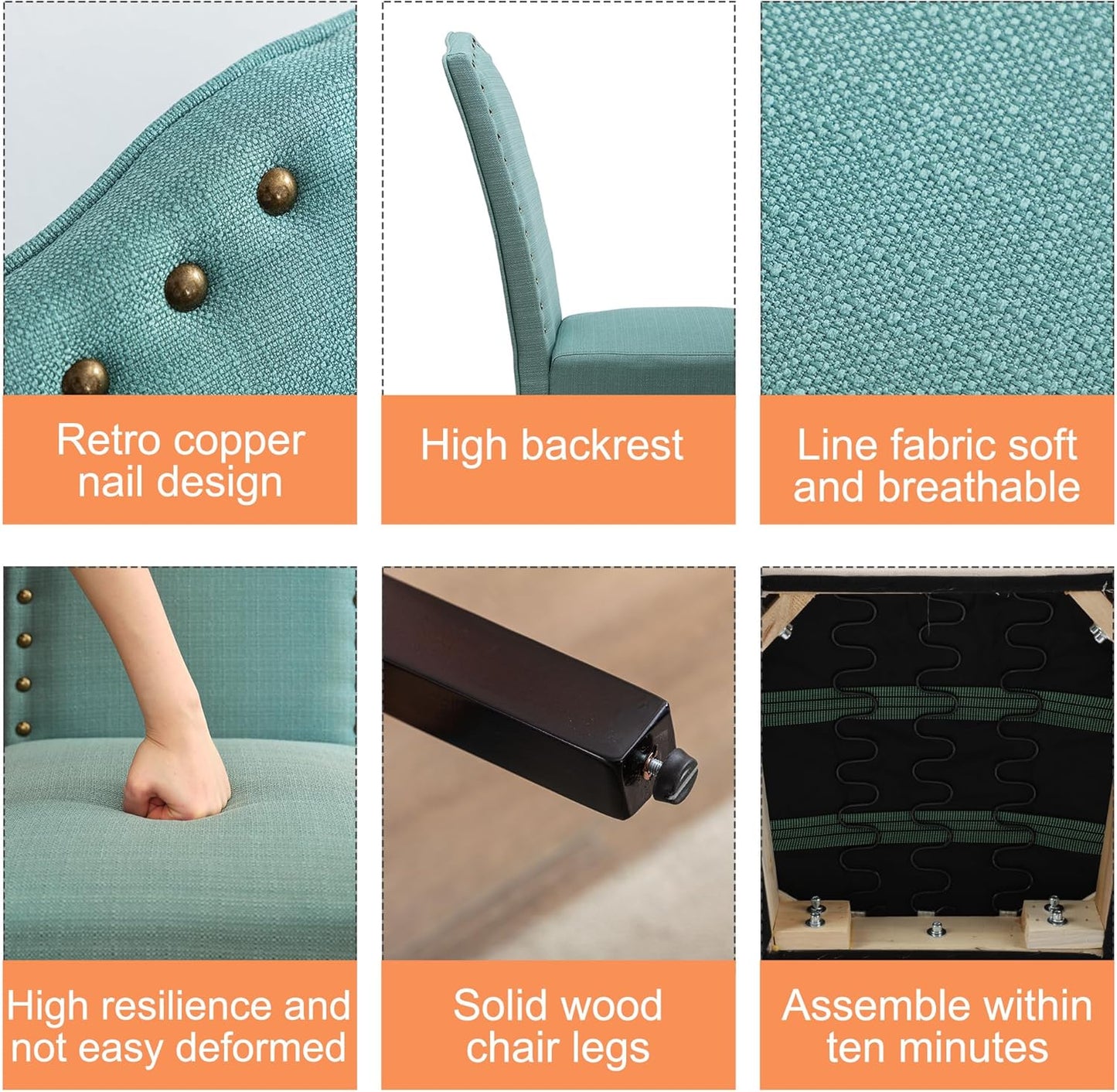 Set of 2 Upholstered Parsons Dining Chairs – Green Fabric Kitchen Chairs with Solid Wood Frame and Nailhead Trim