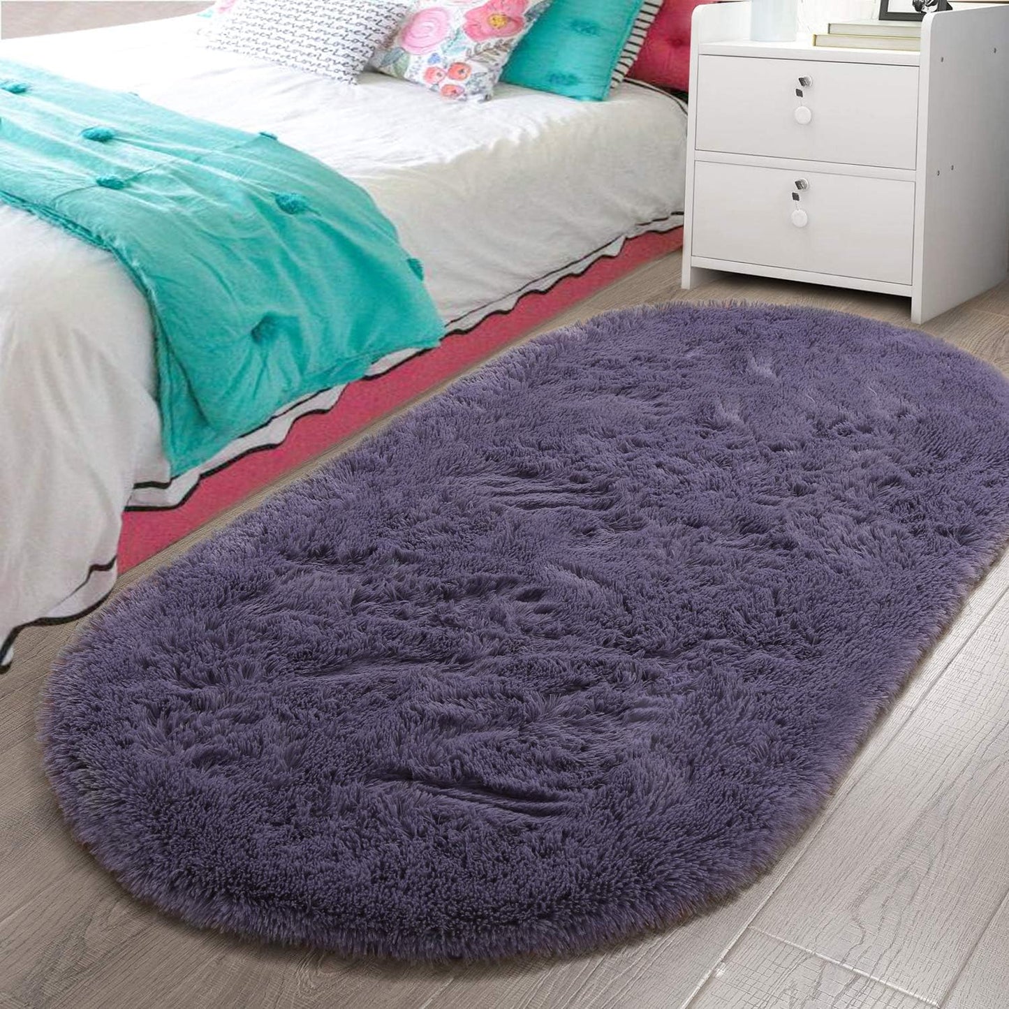 2.6' x 5.3' Fluffy Grey and Purple Shaggy Oval Area Rug – Soft Bedroom and Living Room Accent Carpet