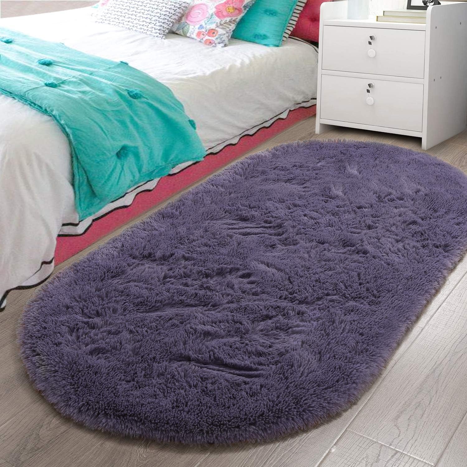 2.6' x 5.3' Fluffy Grey and Purple Shaggy Oval Area Rug – Soft Bedroom and Living Room Accent Carpet
