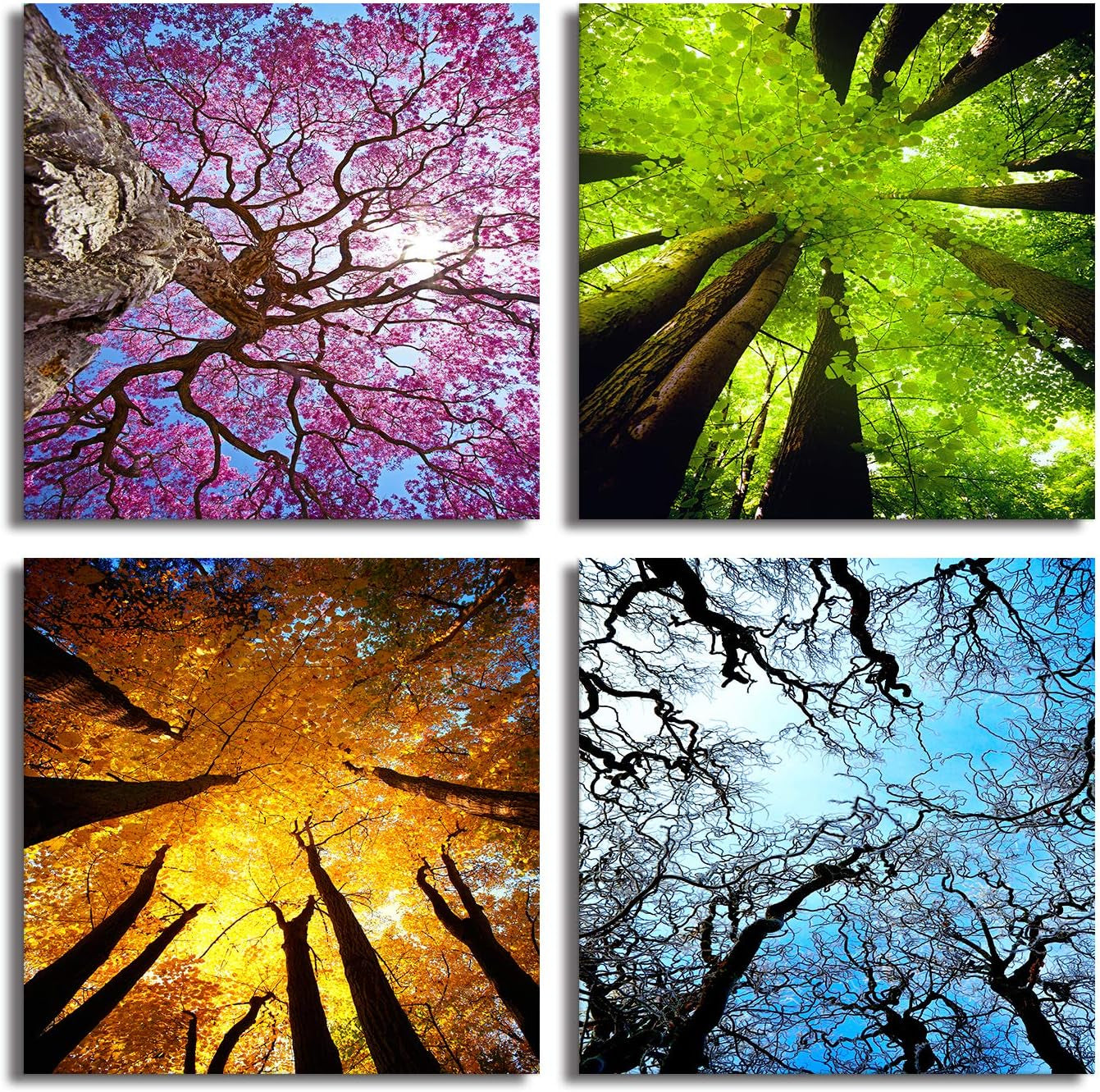 Four Seasons Landscape Tree Canvas Wall Art – 4-Panel Spring, Summer, Autumn, Winter Modern Giclée Prints, Stretched and Framed