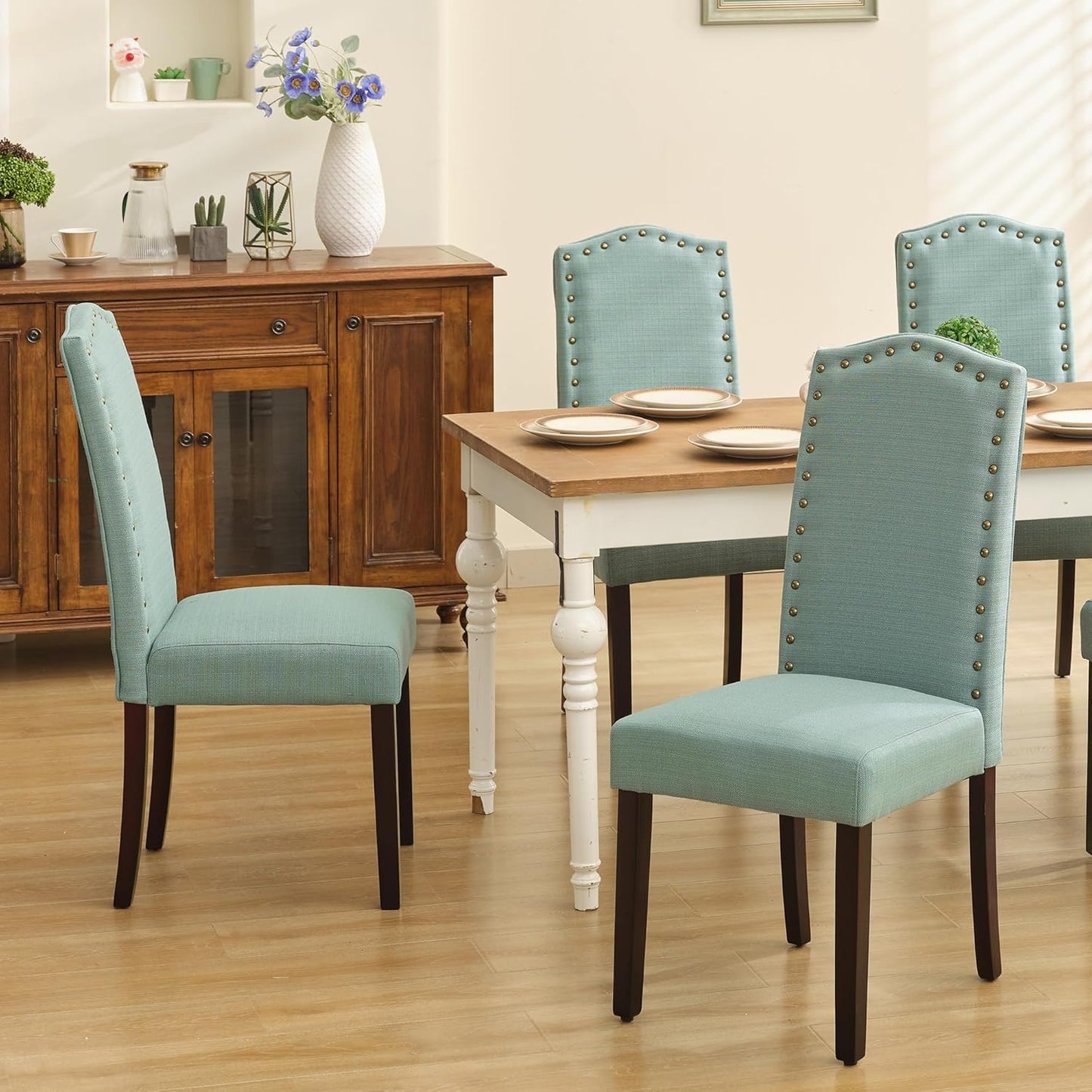 Set of 2 Upholstered Parsons Dining Chairs – Green Fabric Kitchen Chairs with Solid Wood Frame and Nailhead Trim