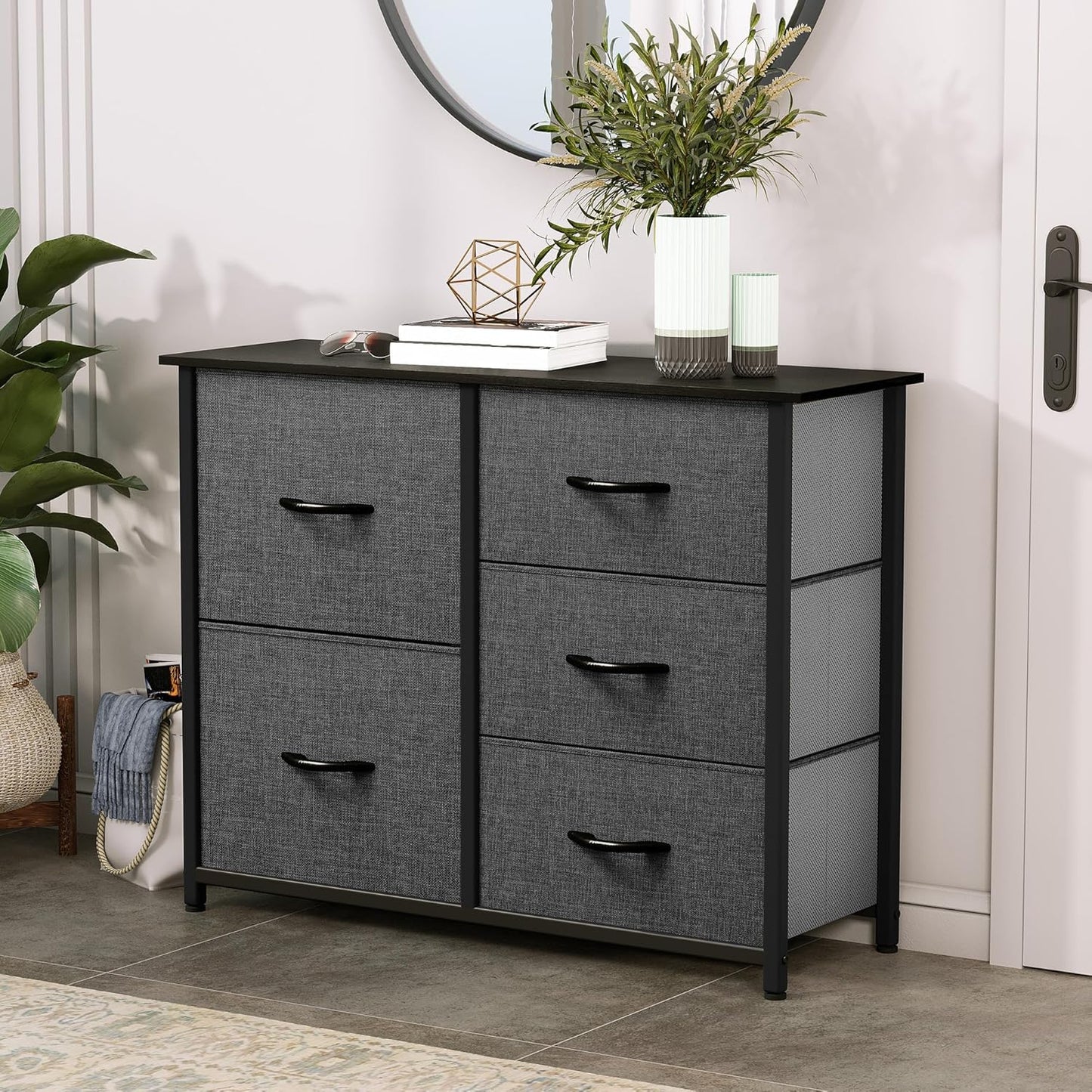 5-Drawer Fabric Dresser with Storage Bins – Wide Clothes Cabinet for Bedroom and Living Room, Black Grey