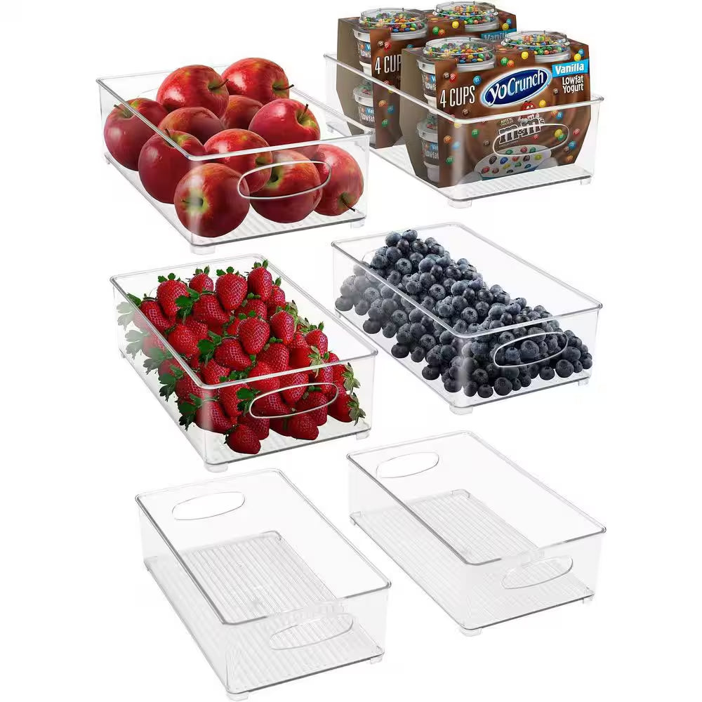 6 Pack Clear Plastic Storage Bins for Fridge and Pantry Stackable Organizer Set