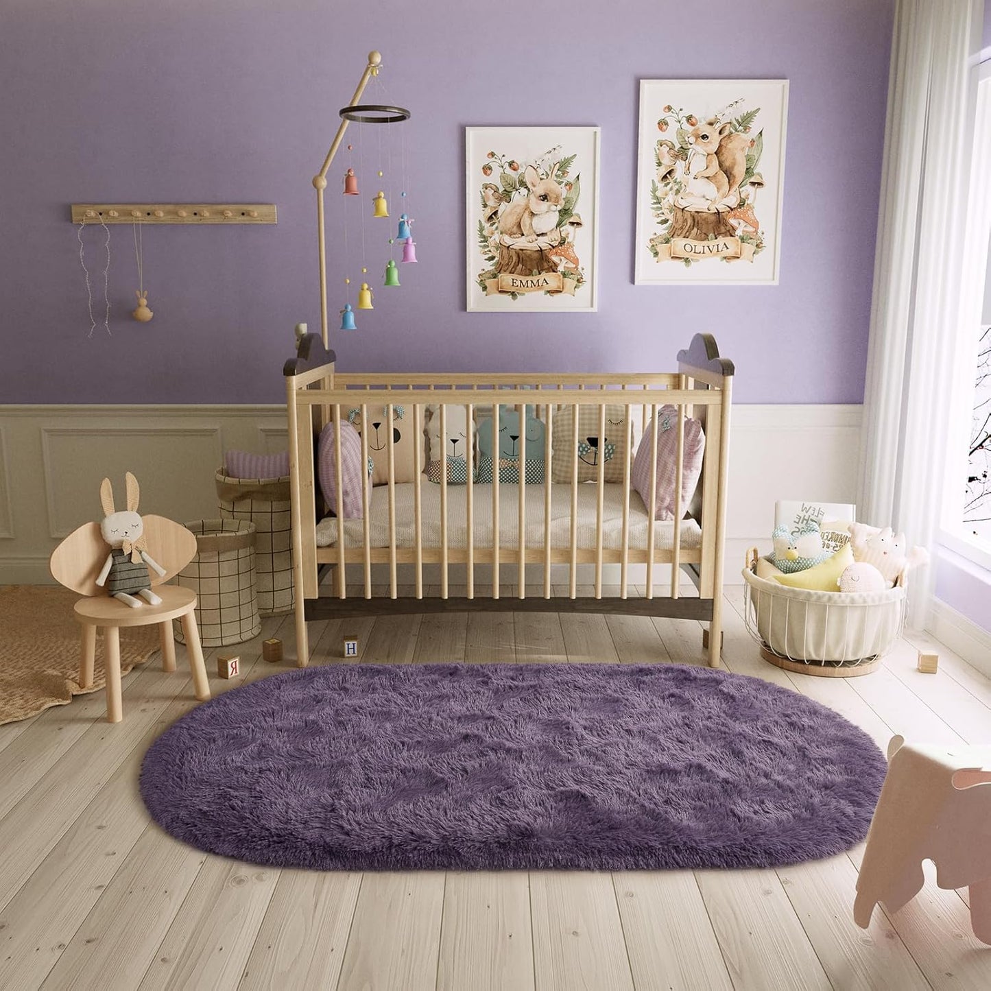 2.6' x 5.3' Fluffy Grey and Purple Shaggy Oval Area Rug – Soft Bedroom and Living Room Accent Carpet