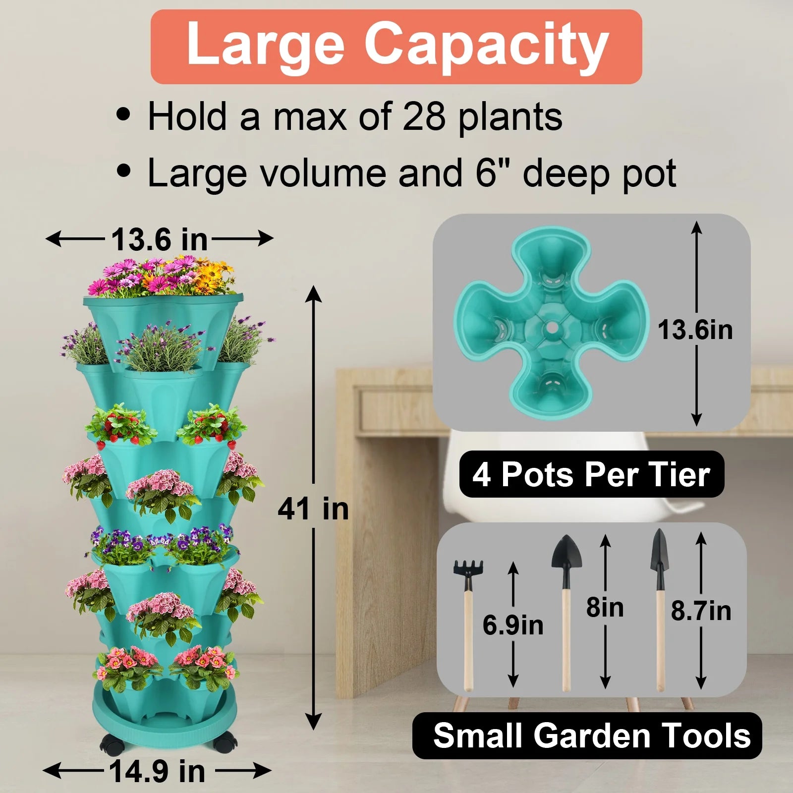 7-Tier Stackable Vertical Planter – Teal Garden Tower for Strawberries, Herbs, Flowers & Vegetables, Indoor/Outdoor Use