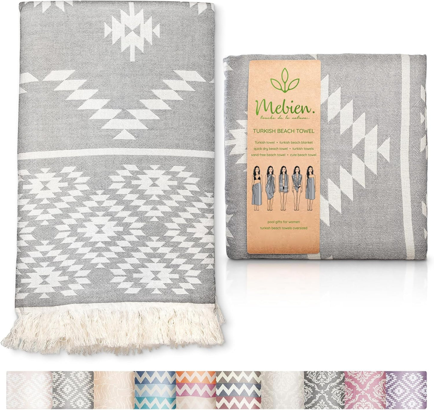 Premium Turkish Beach Towel – 35”x67” Lightweight, Quick-Dry, Sand-Free 100% Cotton Towel (Ocean Light Grey)