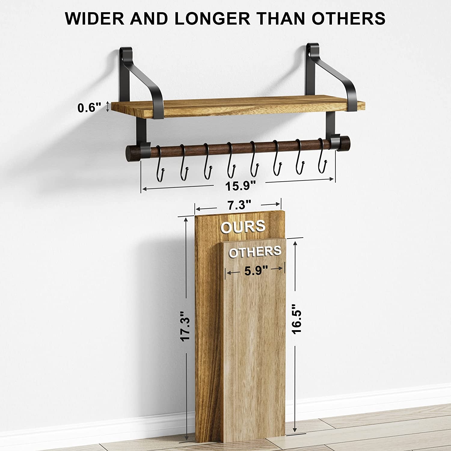 Rustic Floating Wall Shelf with Towel Bar & 8 Removable Hooks – Wood Spice Rack for Kitchen Storage, Utensils, or Mugs (Carbonized Black)