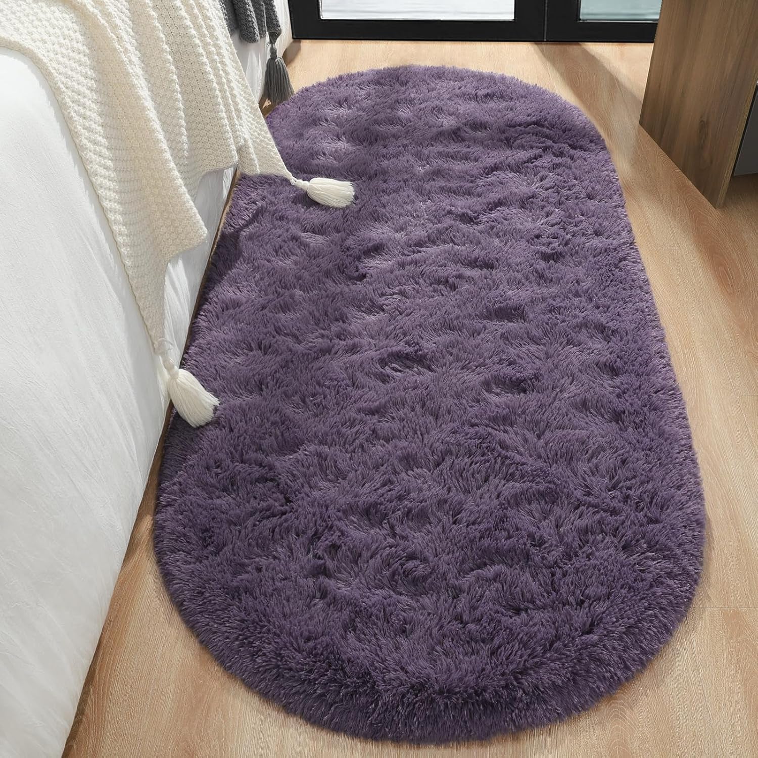 2.6' x 5.3' Fluffy Grey and Purple Shaggy Oval Area Rug – Soft Bedroom and Living Room Accent Carpet