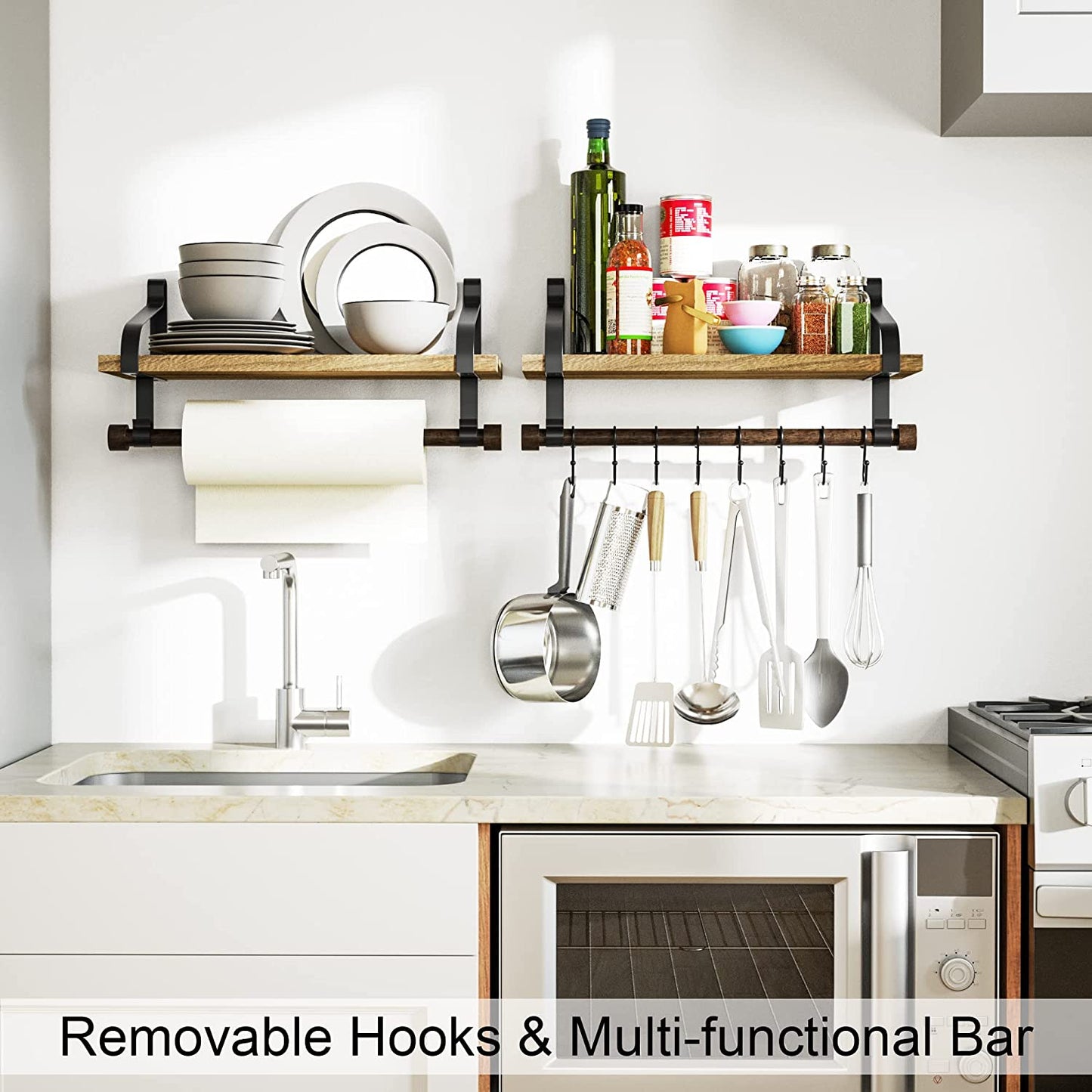 Rustic Floating Wall Shelf with Towel Bar & 8 Removable Hooks – Wood Spice Rack for Kitchen Storage, Utensils, or Mugs (Carbonized Black)