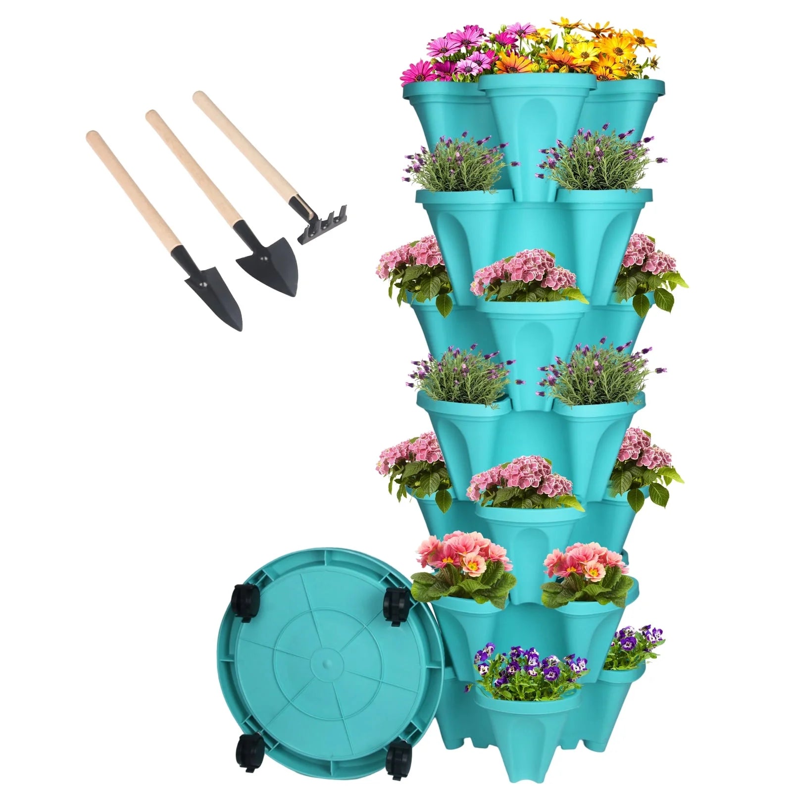 7-Tier Stackable Vertical Planter – Teal Garden Tower for Strawberries, Herbs, Flowers & Vegetables, Indoor/Outdoor Use