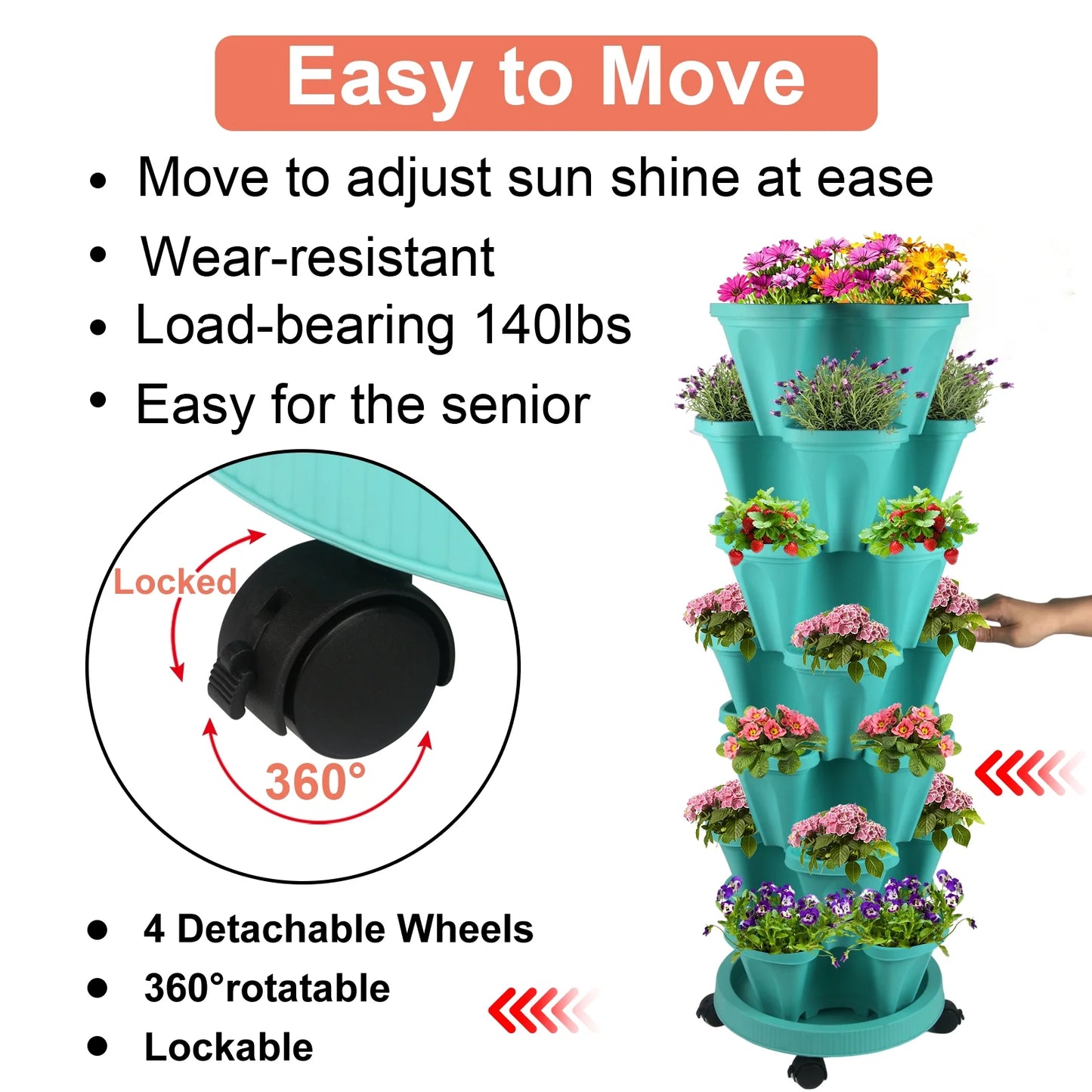 7-Tier Stackable Vertical Planter – Teal Garden Tower for Strawberries, Herbs, Flowers & Vegetables, Indoor/Outdoor Use