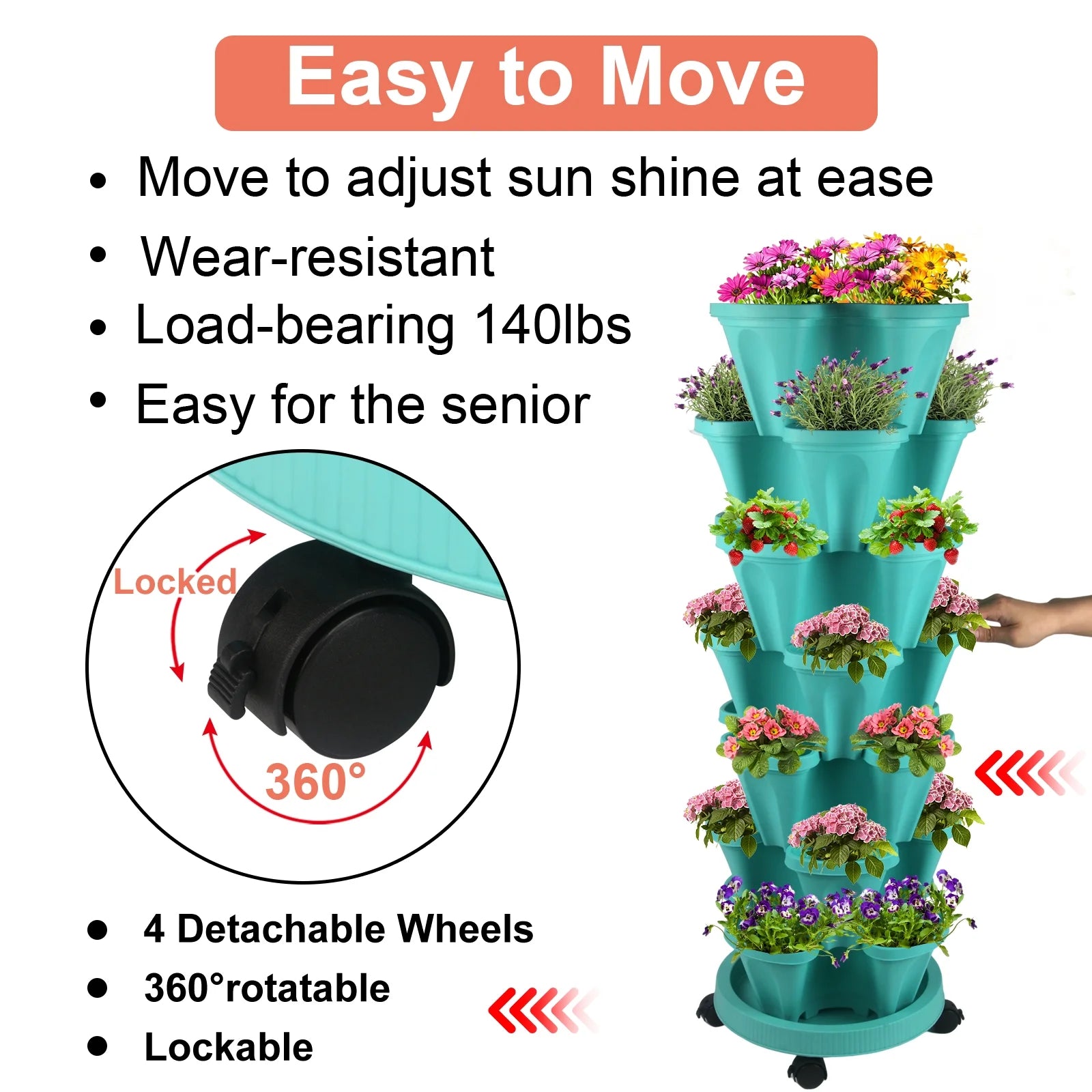 7-Tier Stackable Vertical Planter – Teal Garden Tower for Strawberries, Herbs, Flowers & Vegetables, Indoor/Outdoor Use