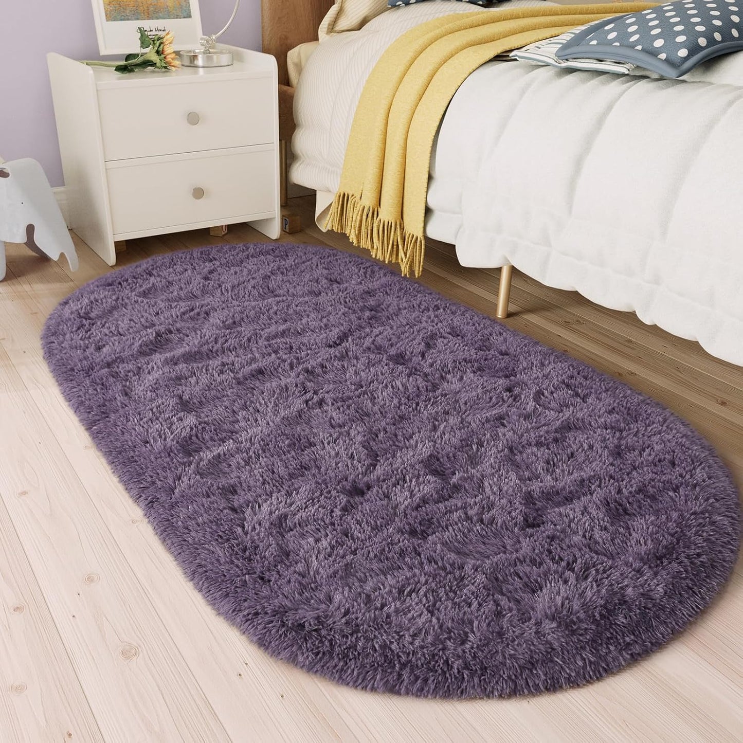 2.6' x 5.3' Fluffy Grey and Purple Shaggy Oval Area Rug – Soft Bedroom and Living Room Accent Carpet