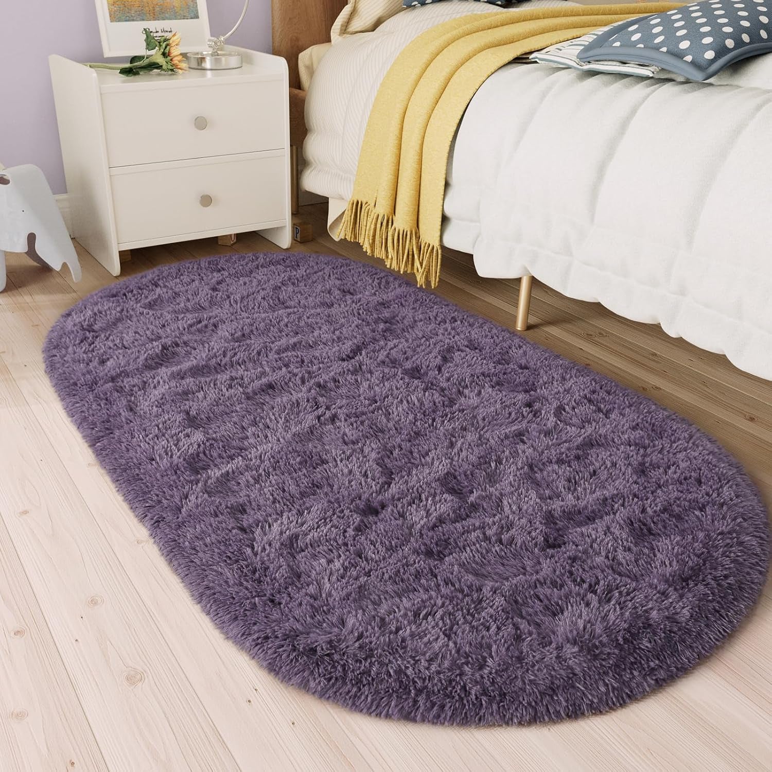 2.6' x 5.3' Fluffy Grey and Purple Shaggy Oval Area Rug – Soft Bedroom and Living Room Accent Carpet