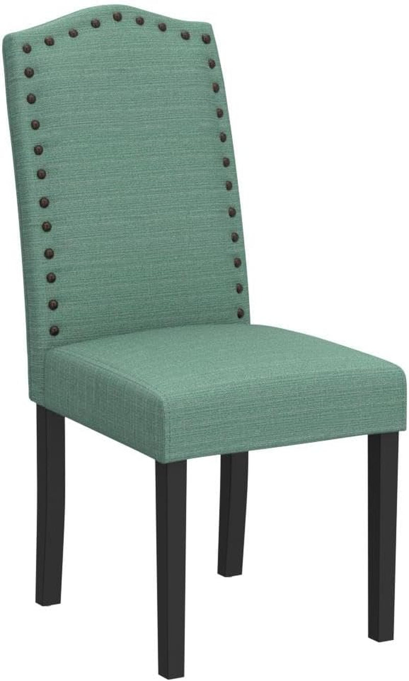 Set of 2 Upholstered Parsons Dining Chairs – Green Fabric Kitchen Chairs with Solid Wood Frame and Nailhead Trim