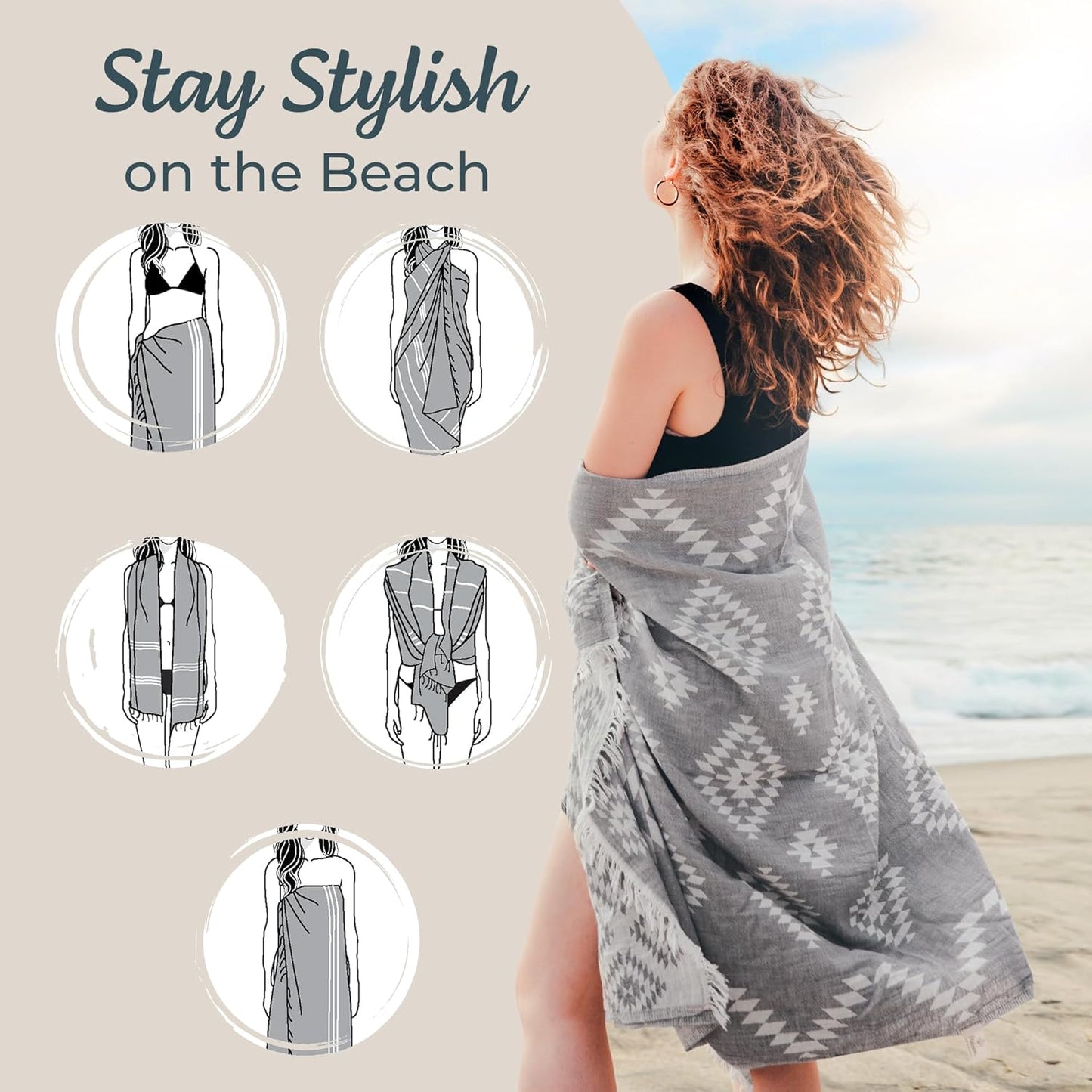 Premium Turkish Beach Towel – 35”x67” Lightweight, Quick-Dry, Sand-Free 100% Cotton Towel (Ocean Light Grey)