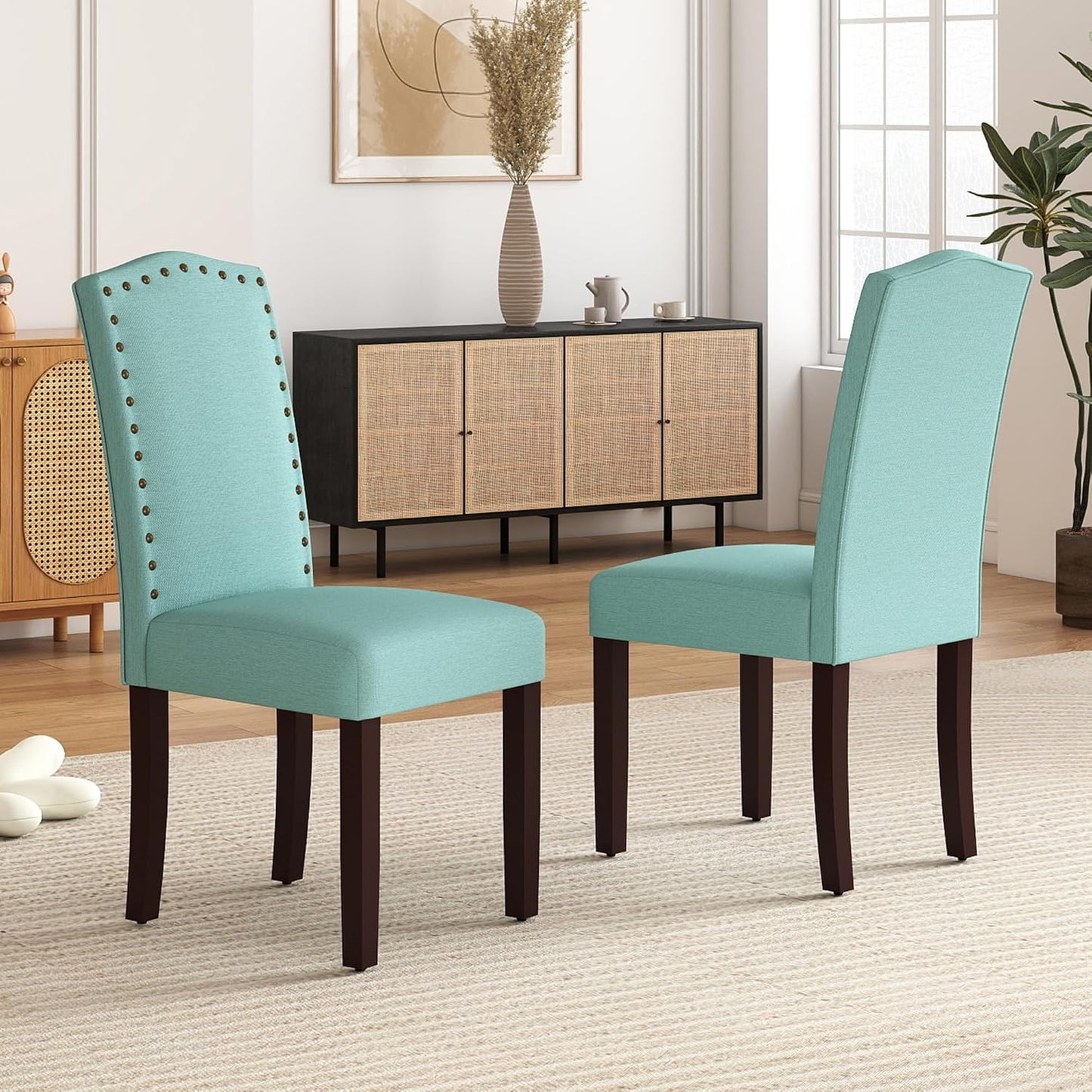 Set of 2 Upholstered Parsons Dining Chairs – Green Fabric Kitchen Chairs with Solid Wood Frame and Nailhead Trim