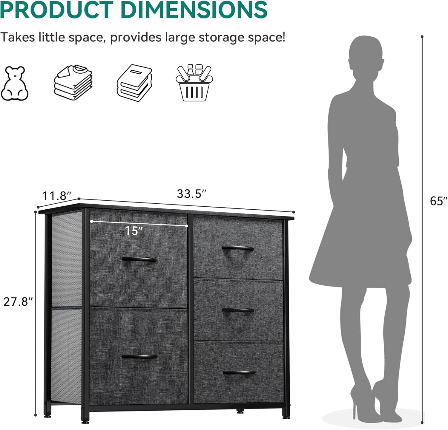5-Drawer Fabric Dresser with Storage Bins – Wide Clothes Cabinet for Bedroom and Living Room, Black Grey